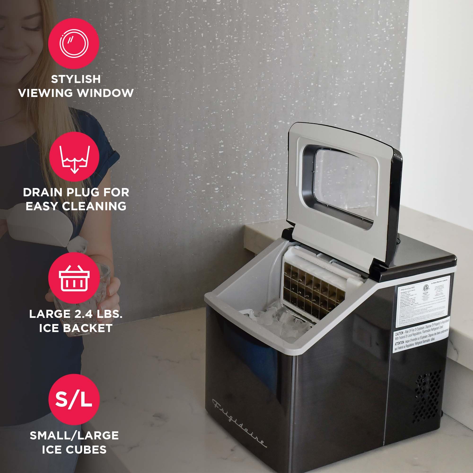 FRIGIDAIRE EFIC452-SS 40 Lbs Extra Large Clear Maker, Stainless Steel, Makes Square Ice