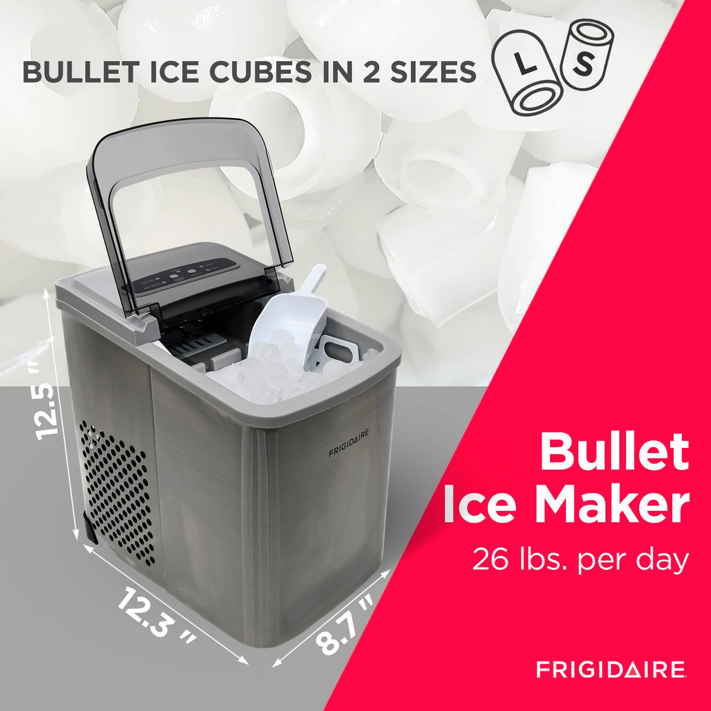 Frigidaire Countertop Portable, 26 lb per Day Bullet Ice Maker Machine (Black Stainless Steel)