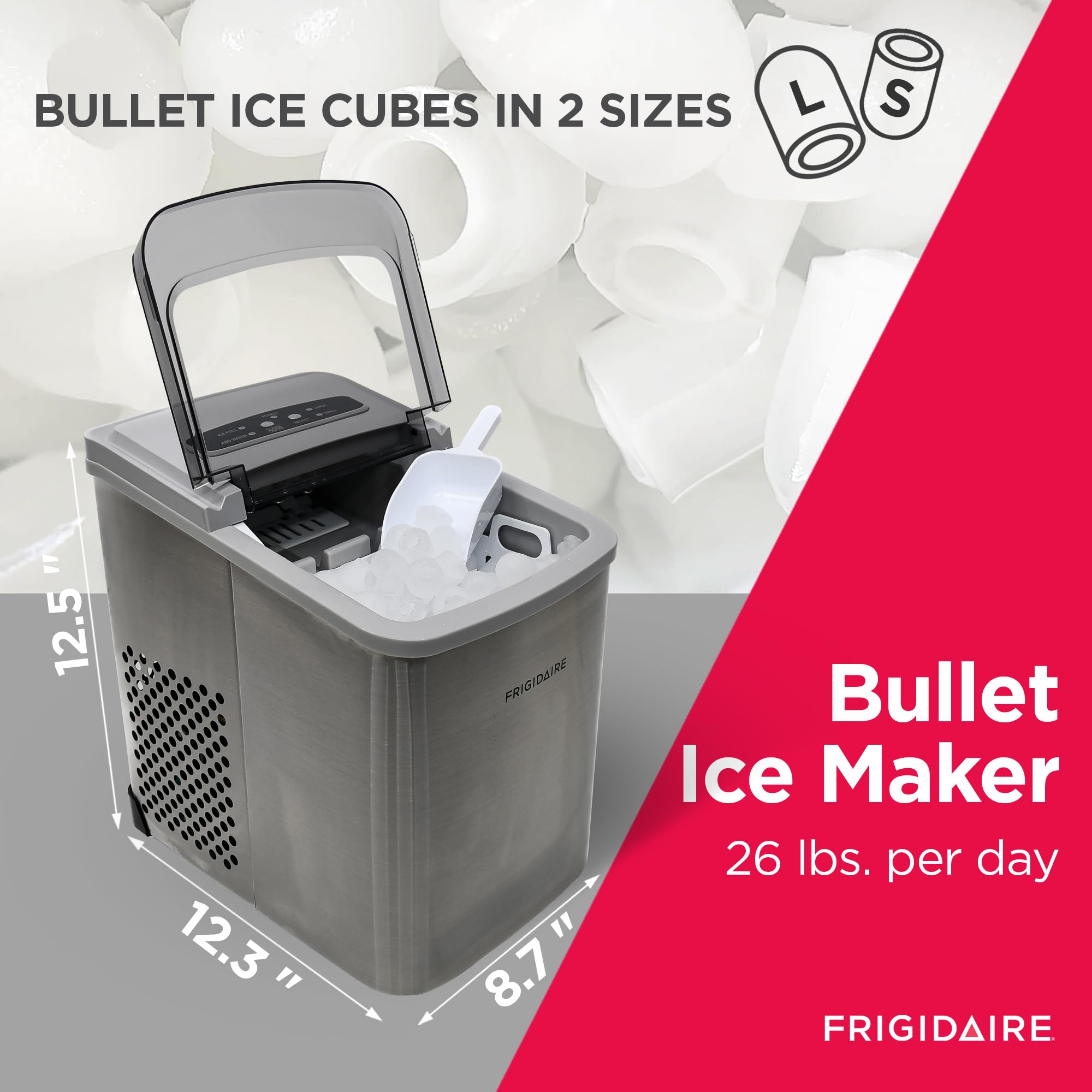 Frigidaire Countertop Portable, 26 lb per Day Bullet Ice Maker Machine (Black Stainless Steel)