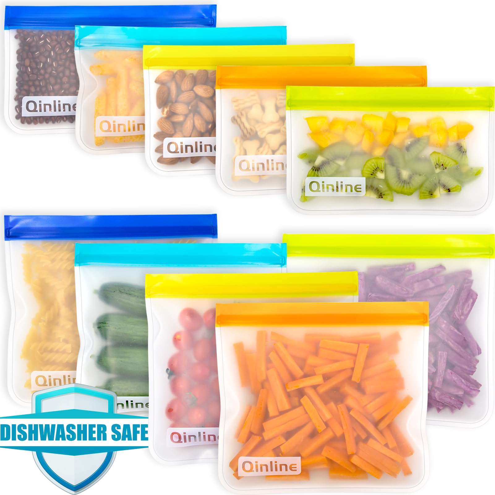 Qinline Reusable Food Storage Bags - 10 Pack Freezer Bags, Reusable Bags Silicone, Extra Thick Leakproof Reusable Lunch Bag for Salad Fruit Snack Travel - 2 Gallon 4 Sandwich 4 Snack Bags