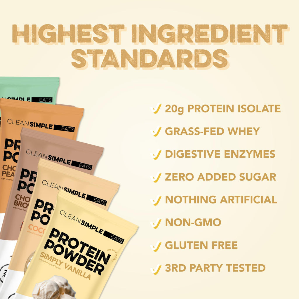 Clean Simple Eats Whey Isolate Protein Powder, Variety Pack, Naturally Sweetened, Zero Added Sugar, 20g 100% GrassFed Protein Powder with Digestive Enzymes, GlutenFree, Non GMO, 10 Single Serve Pack