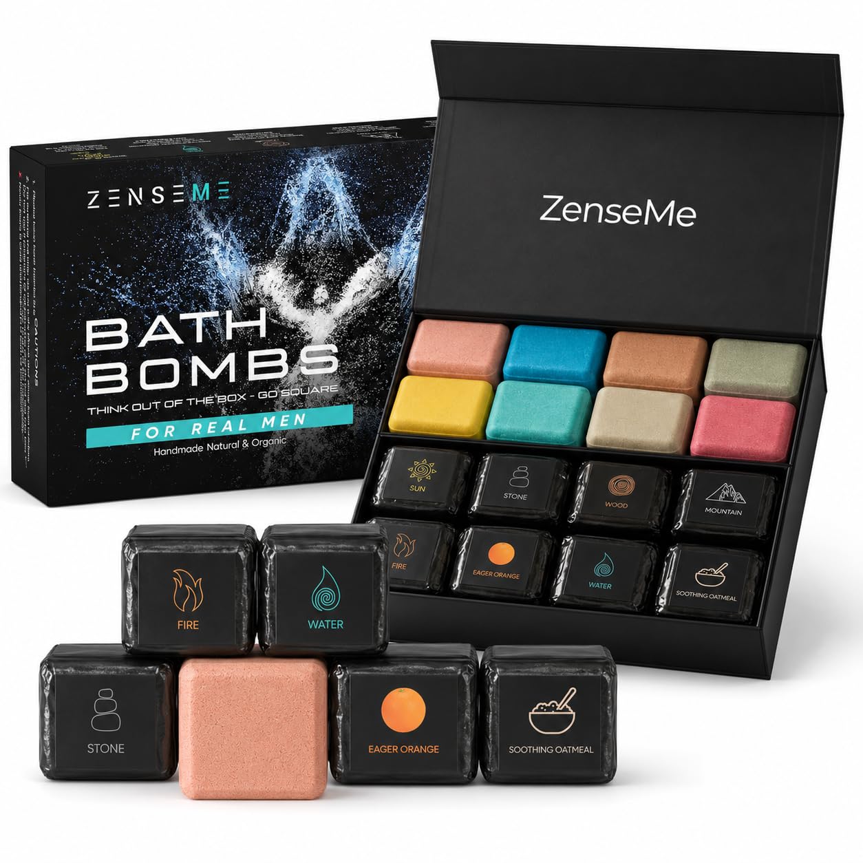Bath Bombs for Men, Gift Set of 8 Scented Organic Handmade Bath Bombs of 2.5 oz with Natural Essential Oils for Boyfriend, Husband, Father or Friend, by ZenseMe