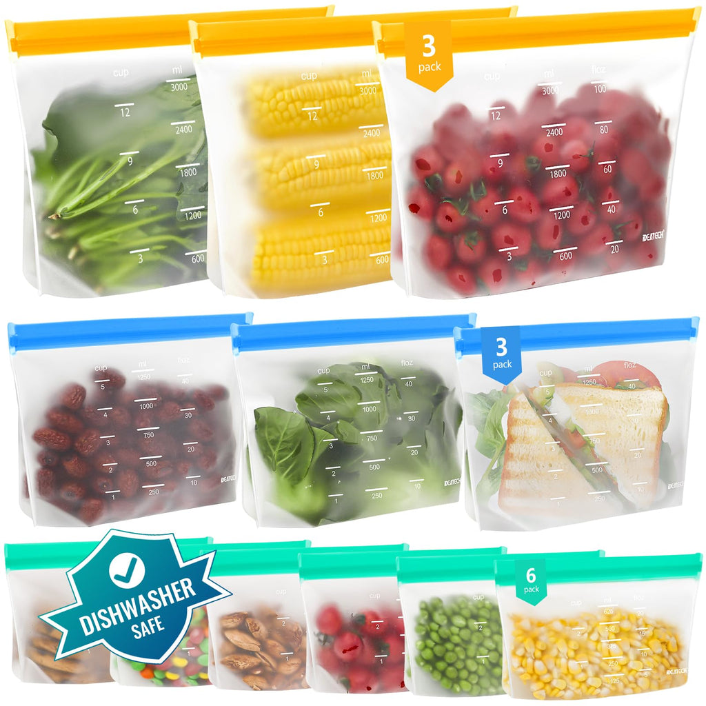 IDEATECH 24Pack Reusable Food Storage Bags, Reusable Freezer Bags | Leakproof, Dishwasher Safe, Stand-Up, BPA-Free Food Grade, 24Pack Assorted Set for Meal Prep, Freezer Storage & Family Use