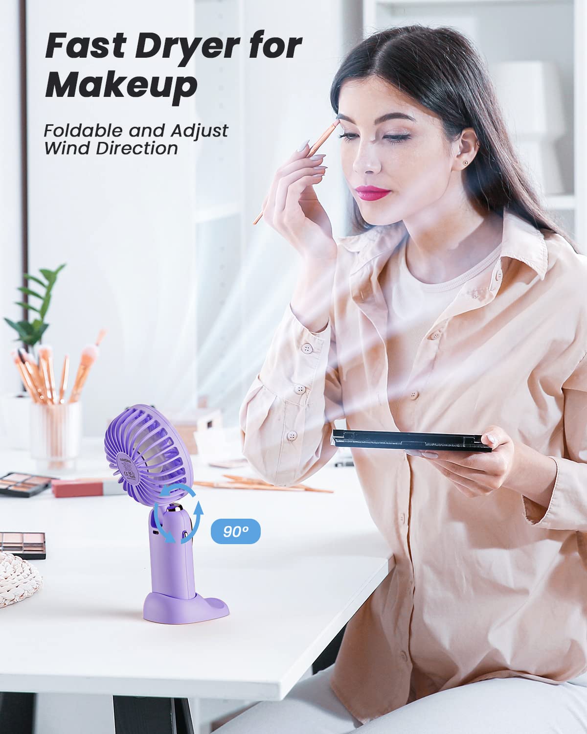 coldSky Portable Handheld Fan, 4000mAh Battery Operated with LED Display, Handheld/Neck/Desk 3 in 1 Personal Small Fan, 90° Foldable Desk Fan with Base, 5 Speed Lash Makeup Fan for Women