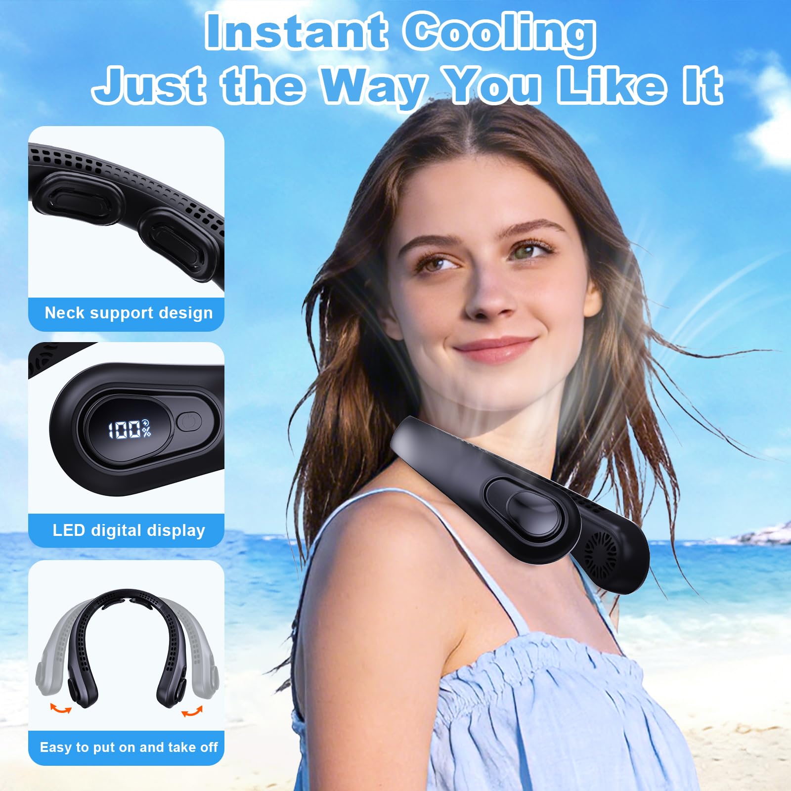 Portable Neck Fan Rechargeable - [with LED Display] 5 Speeds, 5000 mAh Battery Operated Wearable Personal Cooling Bladeless Fan for Outdoor Travel, Gifts for Men Women Kids,Gray