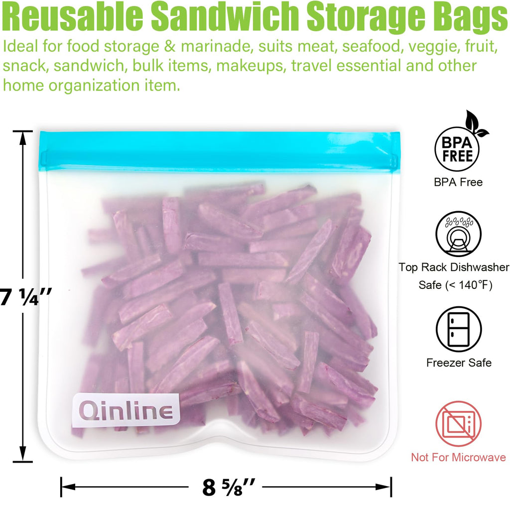 Qinline Reusable Food Storage Bags - 10 Pack Freezer Bags, Reusable Bags Silicone, Extra Thick Leakproof Reusable Lunch Bag for Salad Fruit Snack Travel - 2 Gallon 4 Sandwich 4 Snack Bags
