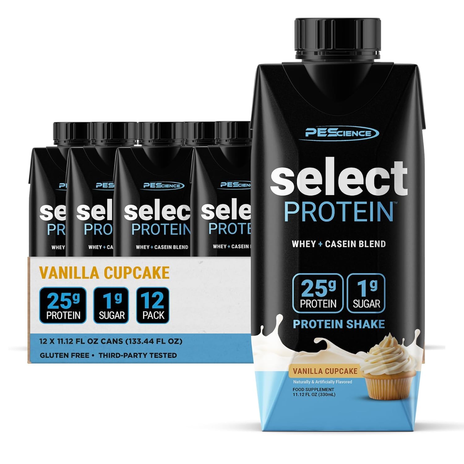 PEScience Select Protein Shake RTD, 25g Whey and Casein Blend, High Protein Drink, Gluten Free, Keto Friendly, 0g Sugar, Low Carb Ready to Drink Meal Replacement, Chocolate Truffle - Pack of 4