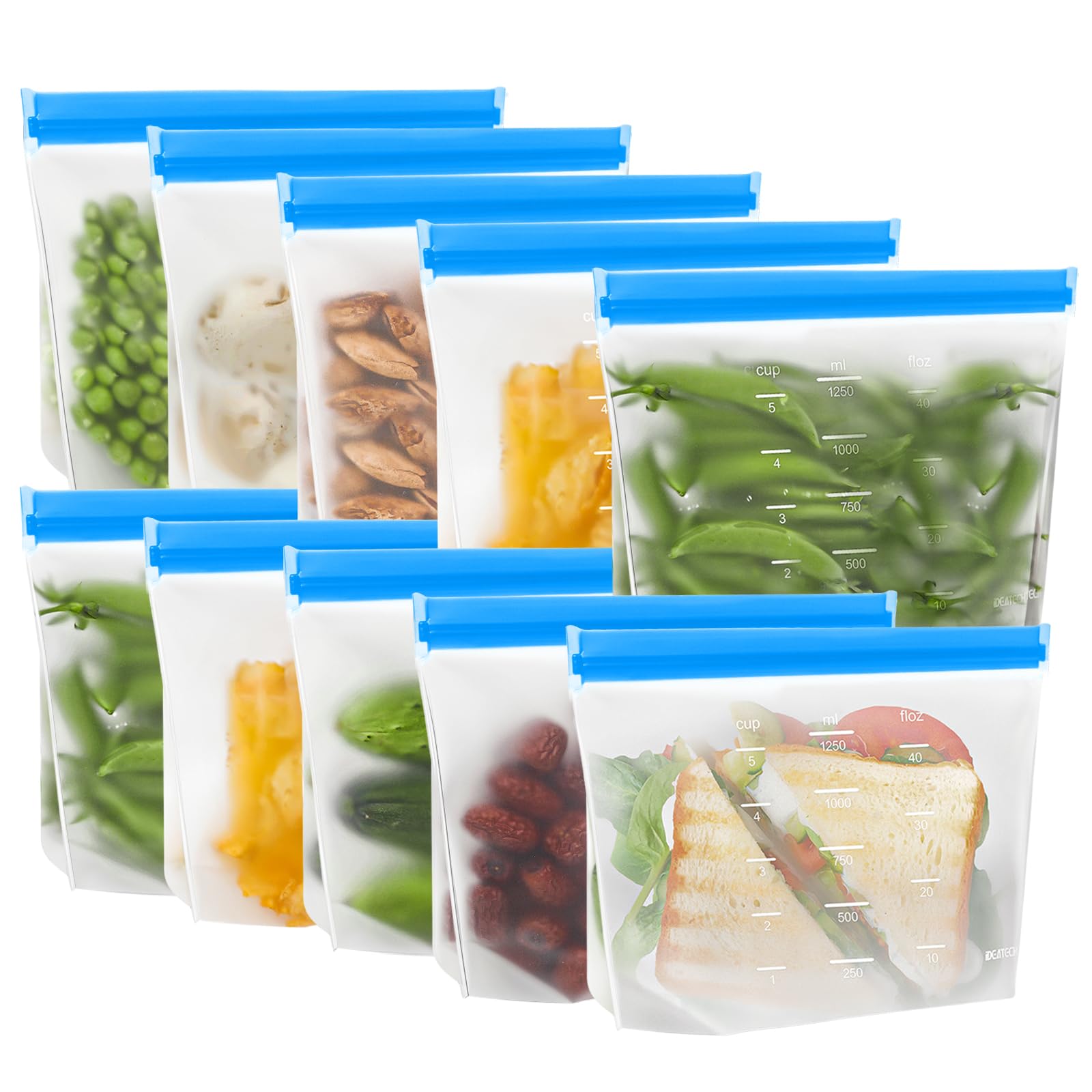 IDEATECH 24Pack Reusable Food Storage Bags, Reusable Freezer Bags | Leakproof, Dishwasher Safe, Stand-Up, BPA-Free Food Grade, 24Pack Assorted Set for Meal Prep, Freezer Storage & Family Use