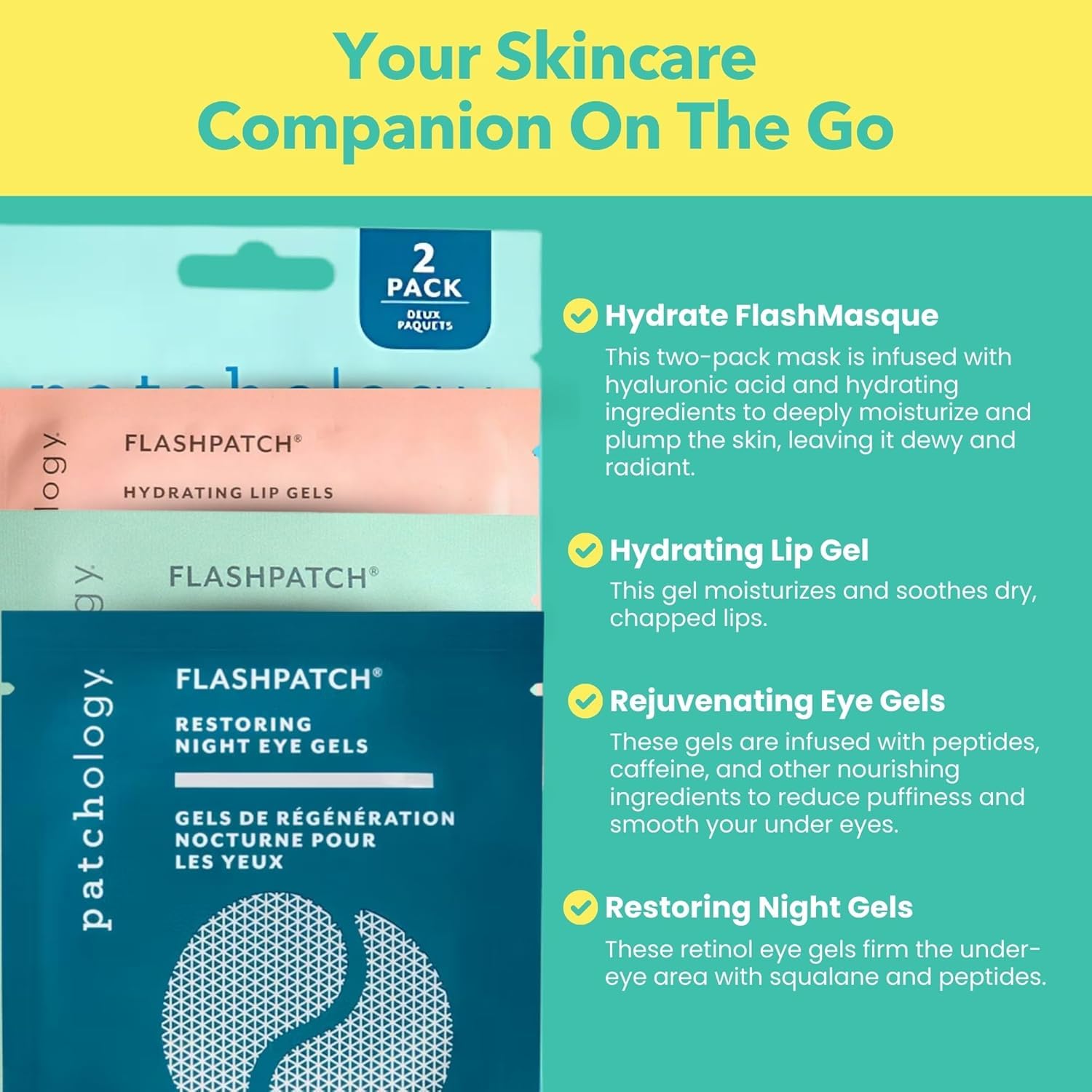 Patchology On The Fly Travel Facial Kit – Travel-Friendly Hydrating Skincare Essentials for Face, Eyes and Lips – Includes 2 Pair Under Eye Patches, 2 Hydrate Sheet Mask for Refreshed Skin,1 Lip Mask