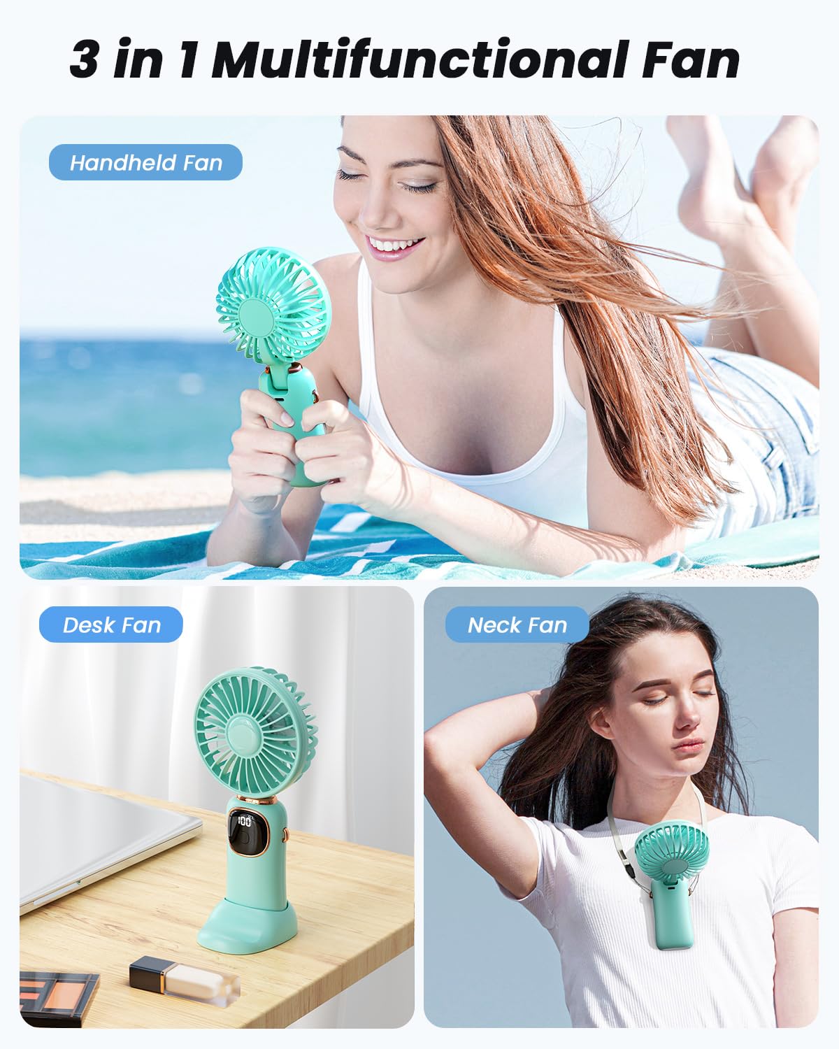 coldSky Portable Handheld Fan, 4000mAh Battery Operated with LED Display, Handheld/Neck/Desk 3 in 1 Personal Small Fan, 90° Foldable Desk Fan with Base, 5 Speed Lash Makeup Fan for Women