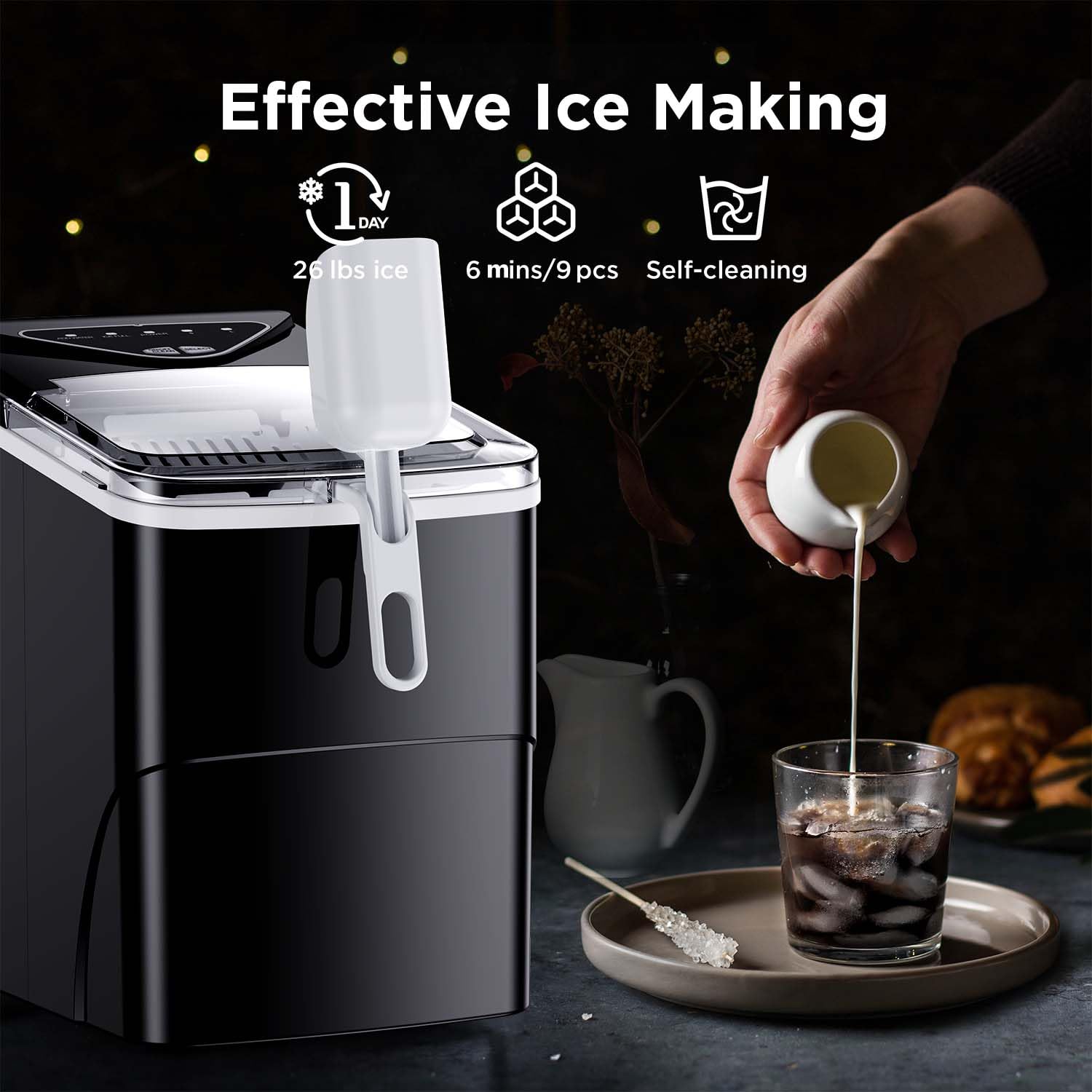 Silonn Countertop Ice Maker with 2.5L Expandable Ice Basket, 26.5lbs/24H, 9 Cubes in 6 Mins, 2 Ice Sizes, Self-Cleaning & LED Touch Control for Home Kitchen Office