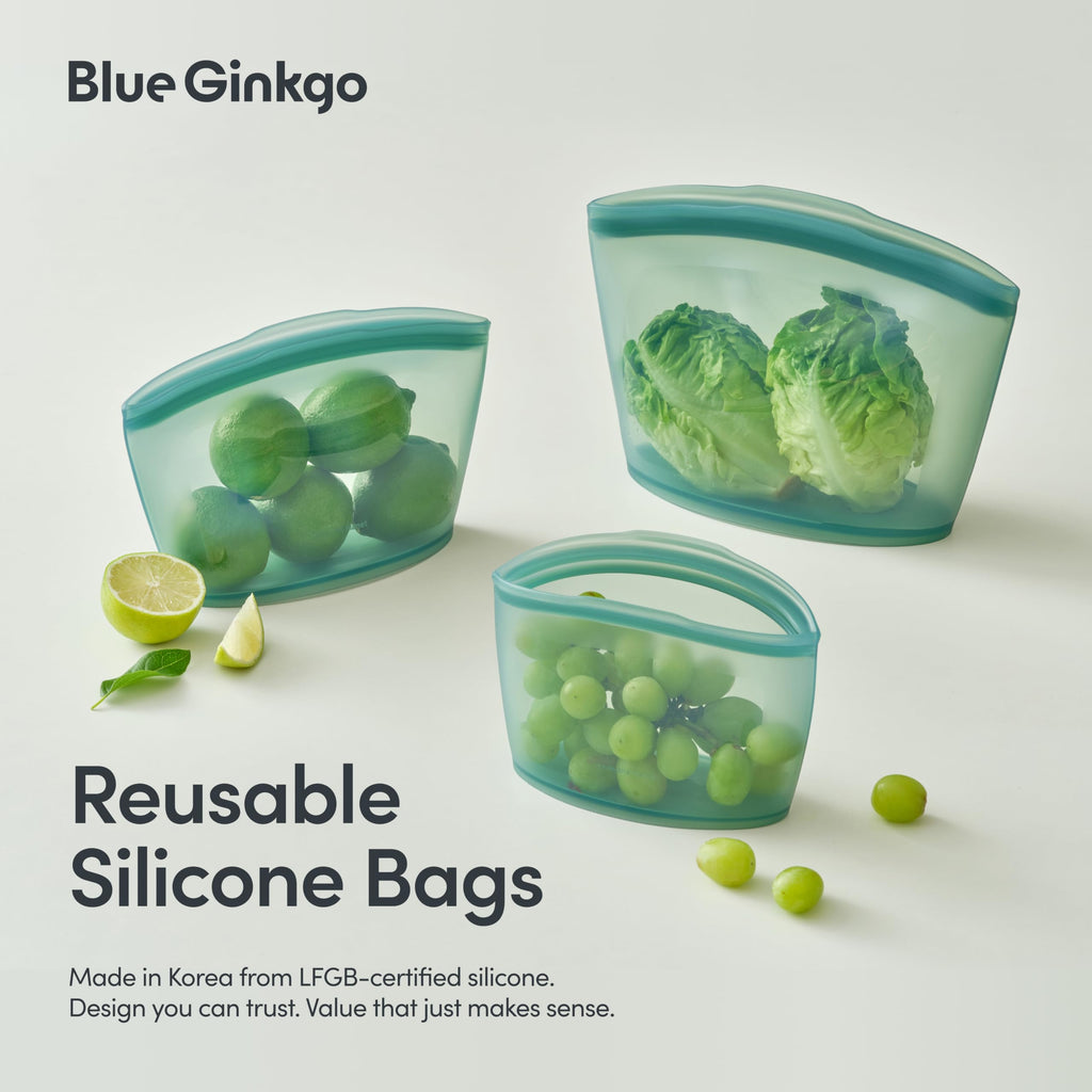 Blue Ginkgo Reusable Silicone Storage Bags – 4-Pack | Korean-Made Stand Up Food, Freezer Bags - Pumkin Yellow