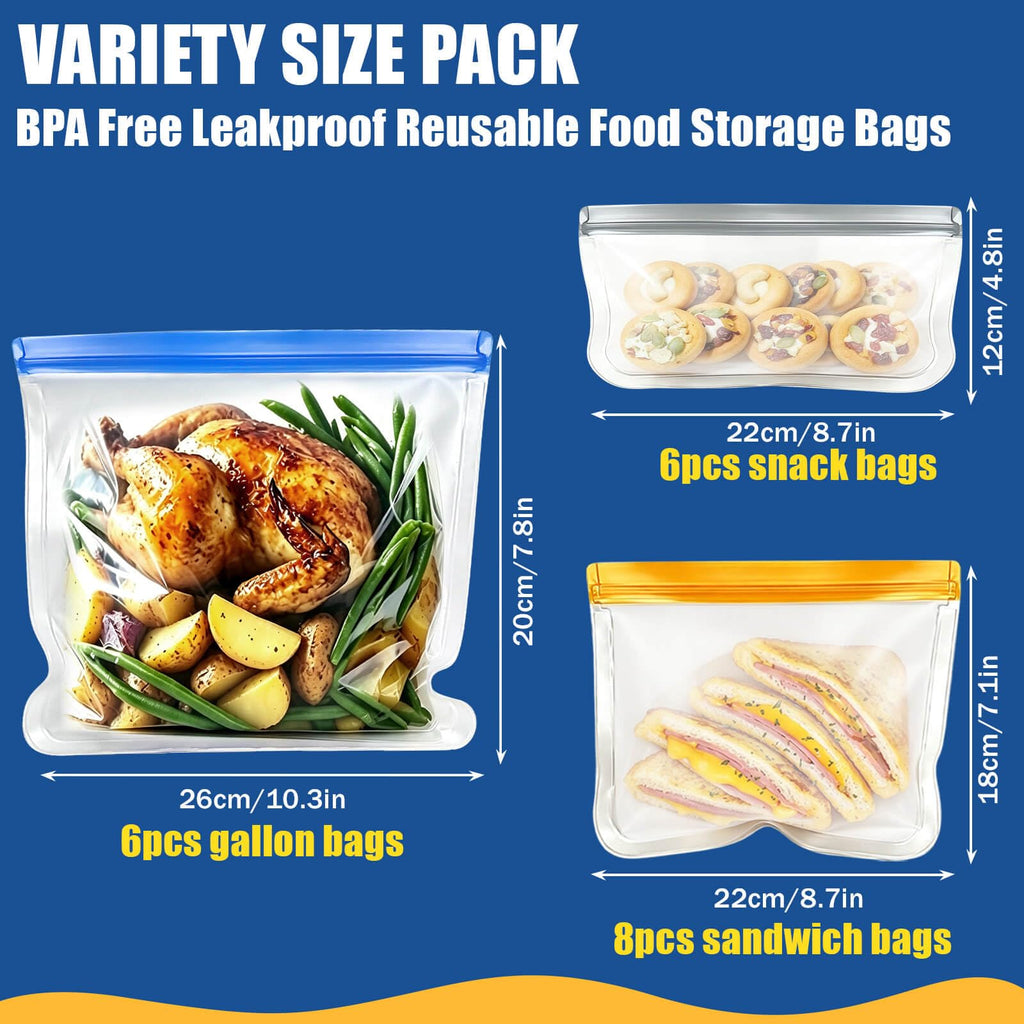 Reusable Silicone Freezer Bags, 12 Pack Leakproof Food Storage Bags Dishwasher Safe, Silicone Snack Bags Food Storage Containers for Meal Prep Containers, Salad Fruit, Vegetables, Home Organization