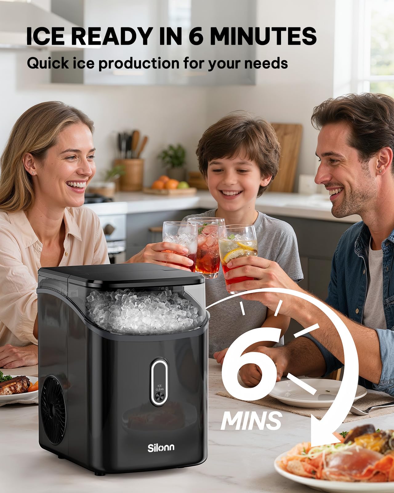 Nugget Ice Maker Countertop, Silonn Chewable Pellet Ice Machine with Self-Cleanin Function, 36lbs/24H Portable Ice Makers for Home Kitchen Officce, Black