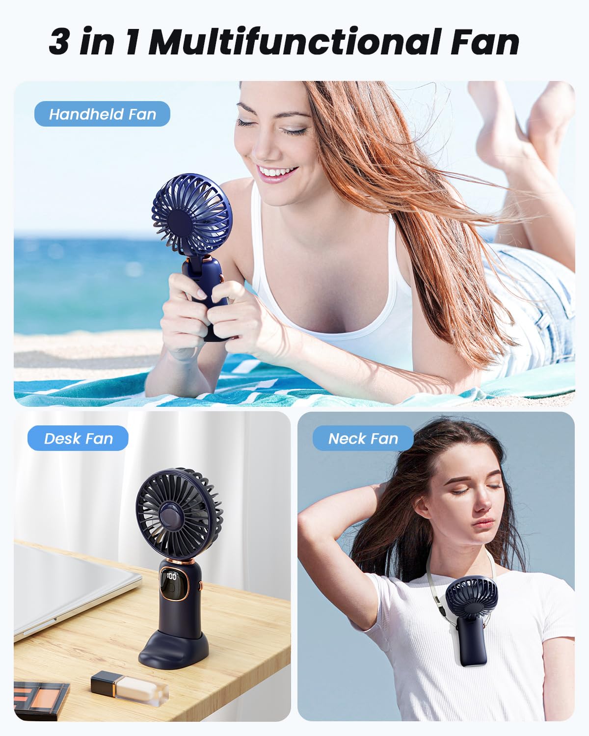 coldSky Portable Handheld Fan, 4000mAh Battery Operated with LED Display, Handheld/Neck/Desk 3 in 1 Personal Small Fan, 90° Foldable Desk Fan with Base, 5 Speed Lash Makeup Fan for Women