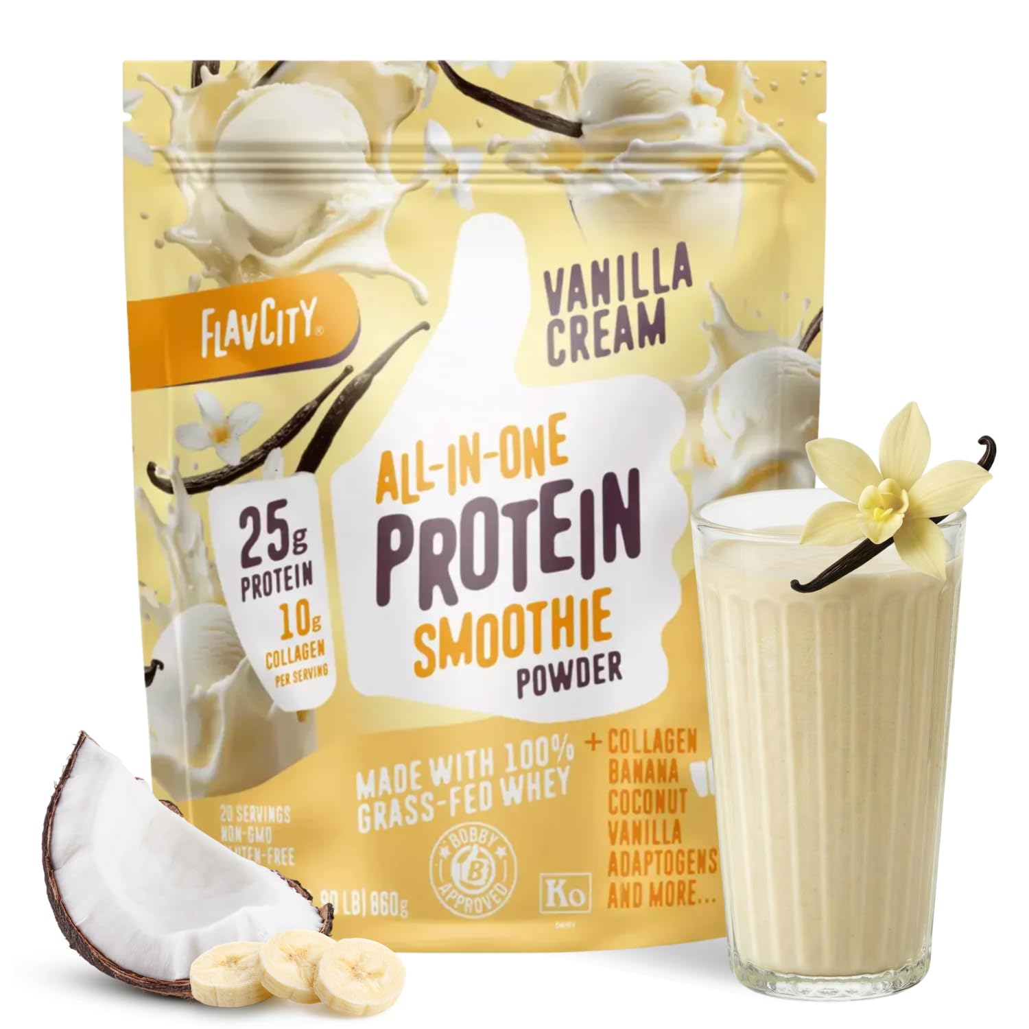 FlavCity All in One Protein Shake Powder, Pineapple Coconut - On the Go Meal Alternative + Collagen Peptides, Reishi & Cordyceps - Focus, Skin, Hair & Joint Support - 100% Grass Fed Whey, 20 Servings