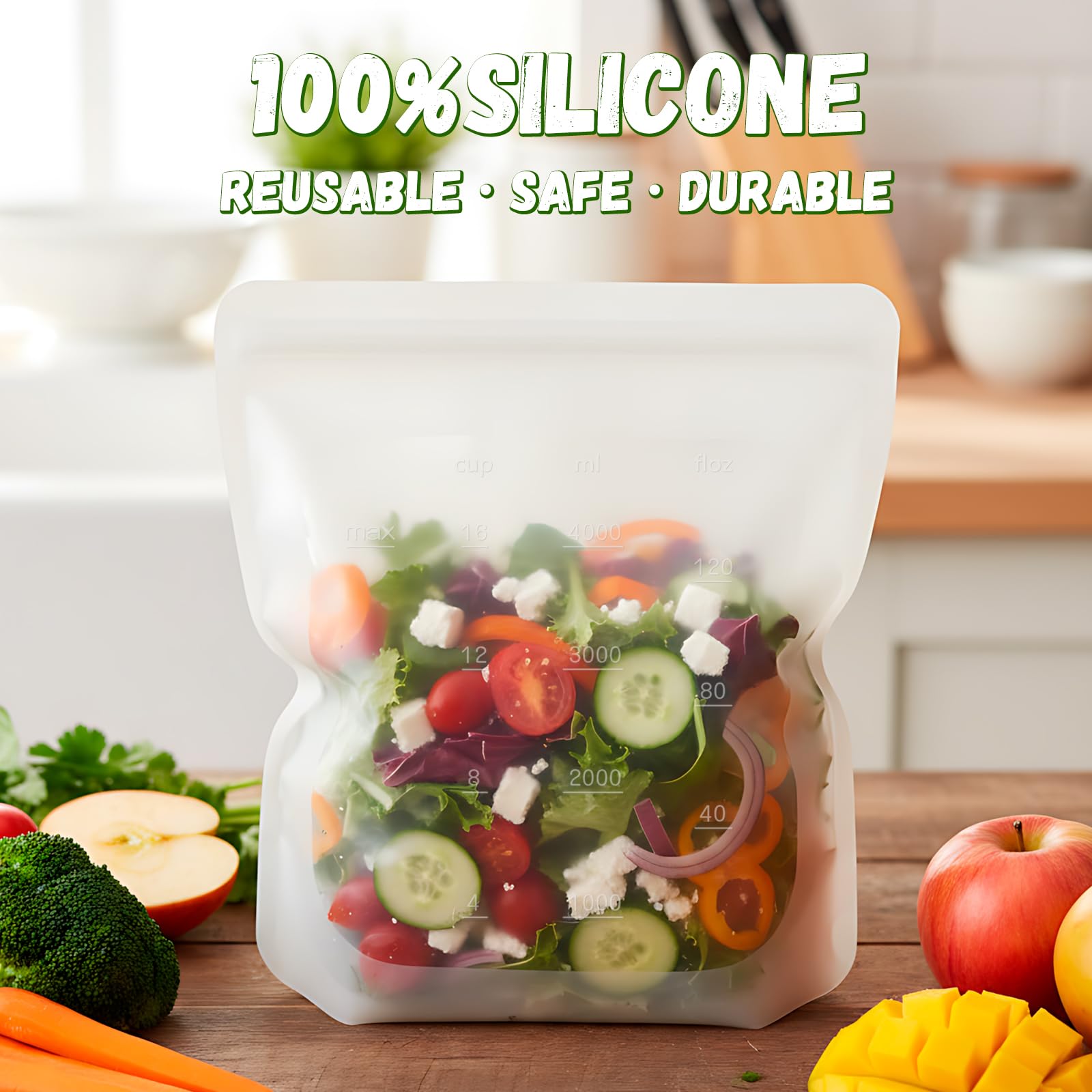 Extra Large Reusable Silicone Food Storage Bags 4 Pack, 0.8 Gallon/3000ml, 100% Silicone Stand-Up Wide-Open Zip-Lock Reusable Bags for Large Items, Microwave Freezer Oven Dishwasher Safe, Translucent