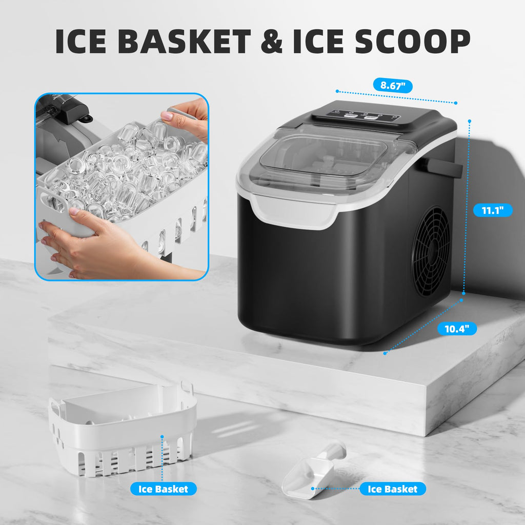 Antarctic Star Ice Maker Countertop, Portable Ice Machine with Carry Handle, 26Lbs Per Day, 9 Cubes Ready in 6 Mins, Self-Cleaning Ice Makers with Ice Scoop and Basket for Kitchen/Office/Party (Black)