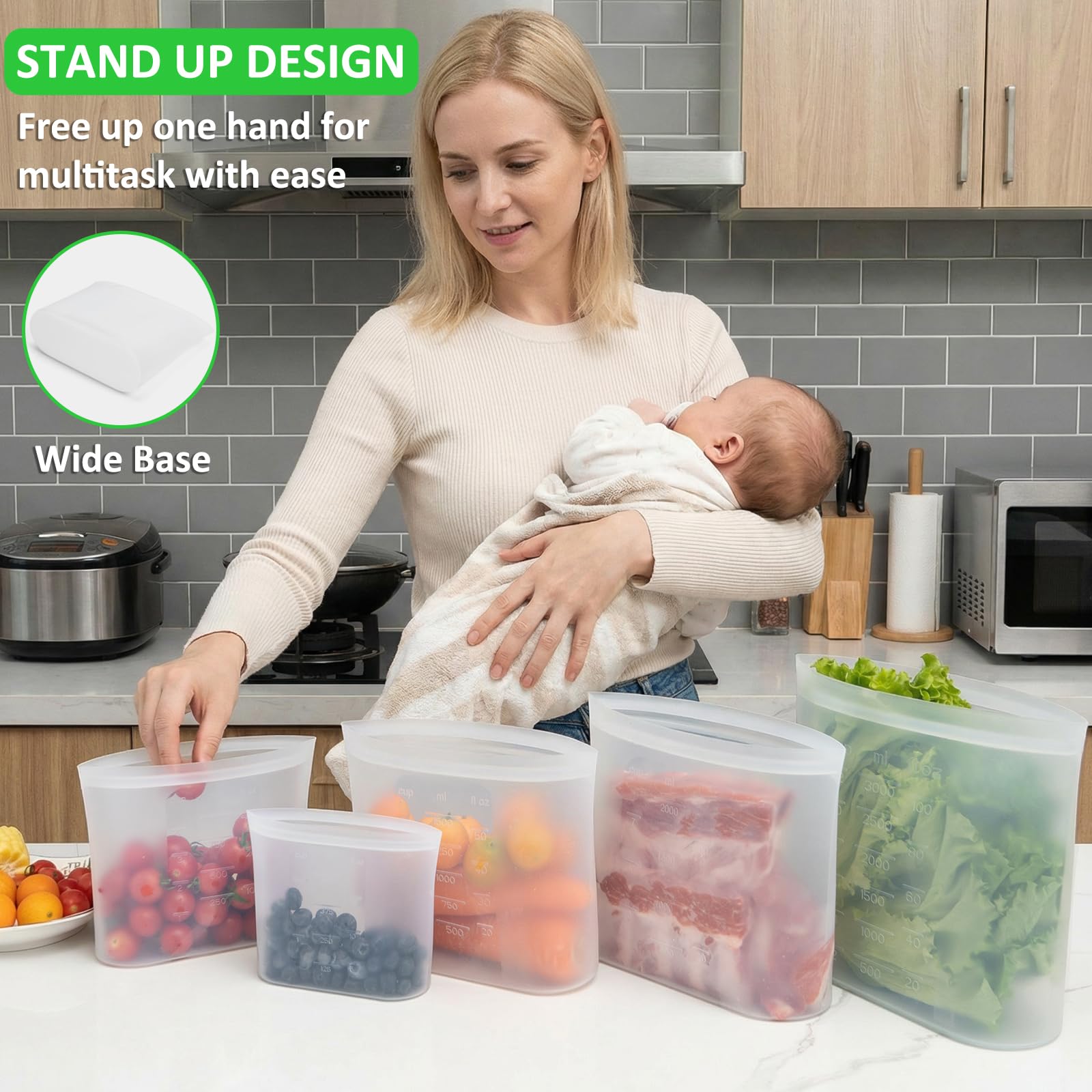 100% Platinum Silicone Reusable Storage Bags, 12 Pack, Premium Silicone Food Storage Bag Stand-Up Wide-Mouth Zip-Lock, Freezer Microwave Oven Dishwasher Safe, 4 M + 4 S + 4 XS, Crystal-Clear