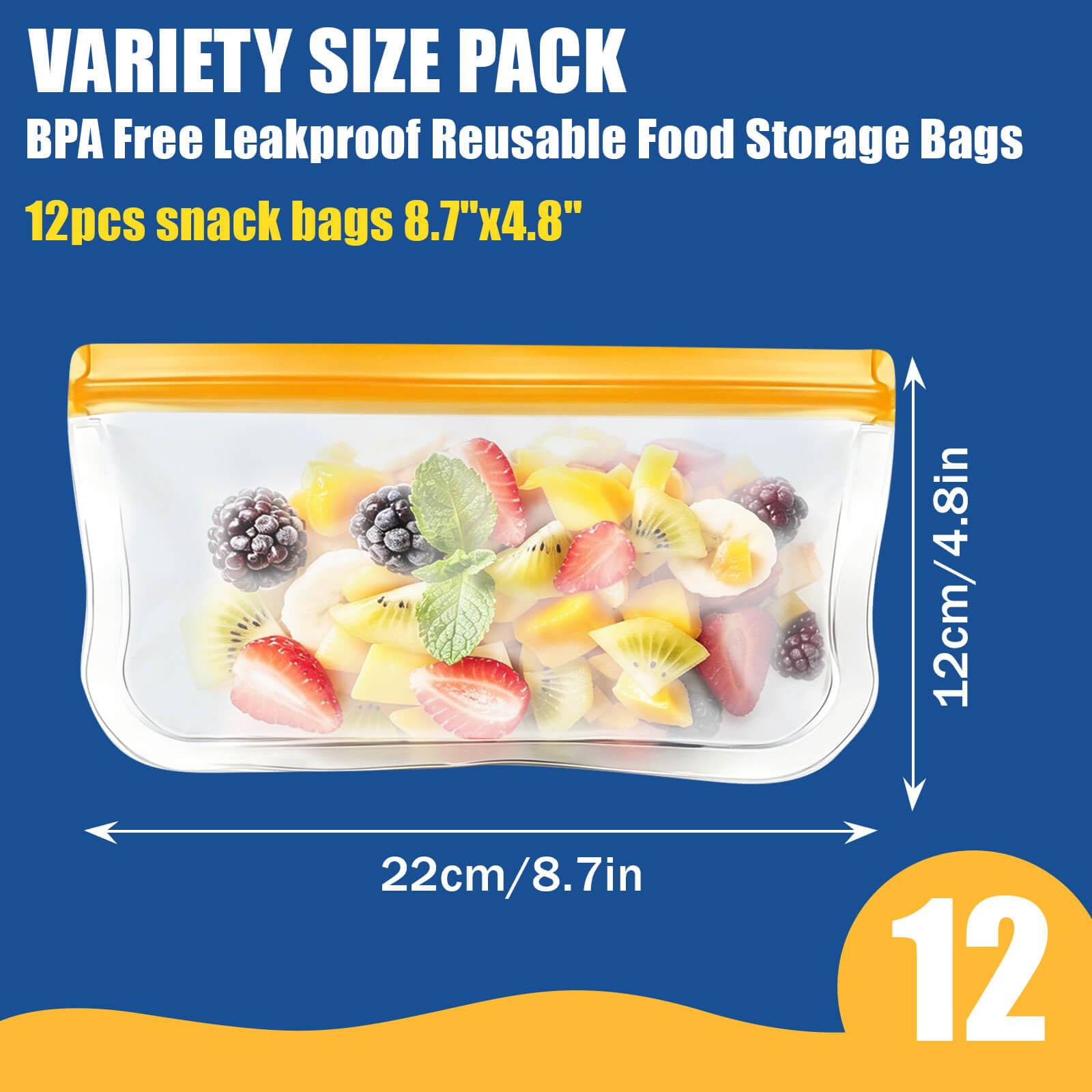 Reusable Silicone Freezer Bags, 12 Pack Leakproof Food Storage Bags Dishwasher Safe, Silicone Snack Bags Food Storage Containers for Meal Prep Containers, Salad Fruit, Vegetables, Home Organization