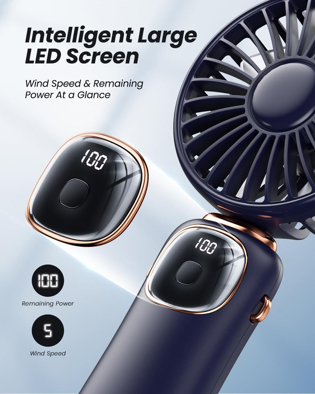 coldSky Portable Handheld Fan, 4000mAh Battery Operated with LED Display, Handheld/Neck/Desk 3 in 1 Personal Small Fan, 90° Foldable Desk Fan with Base, 5 Speed Lash Makeup Fan for Women
