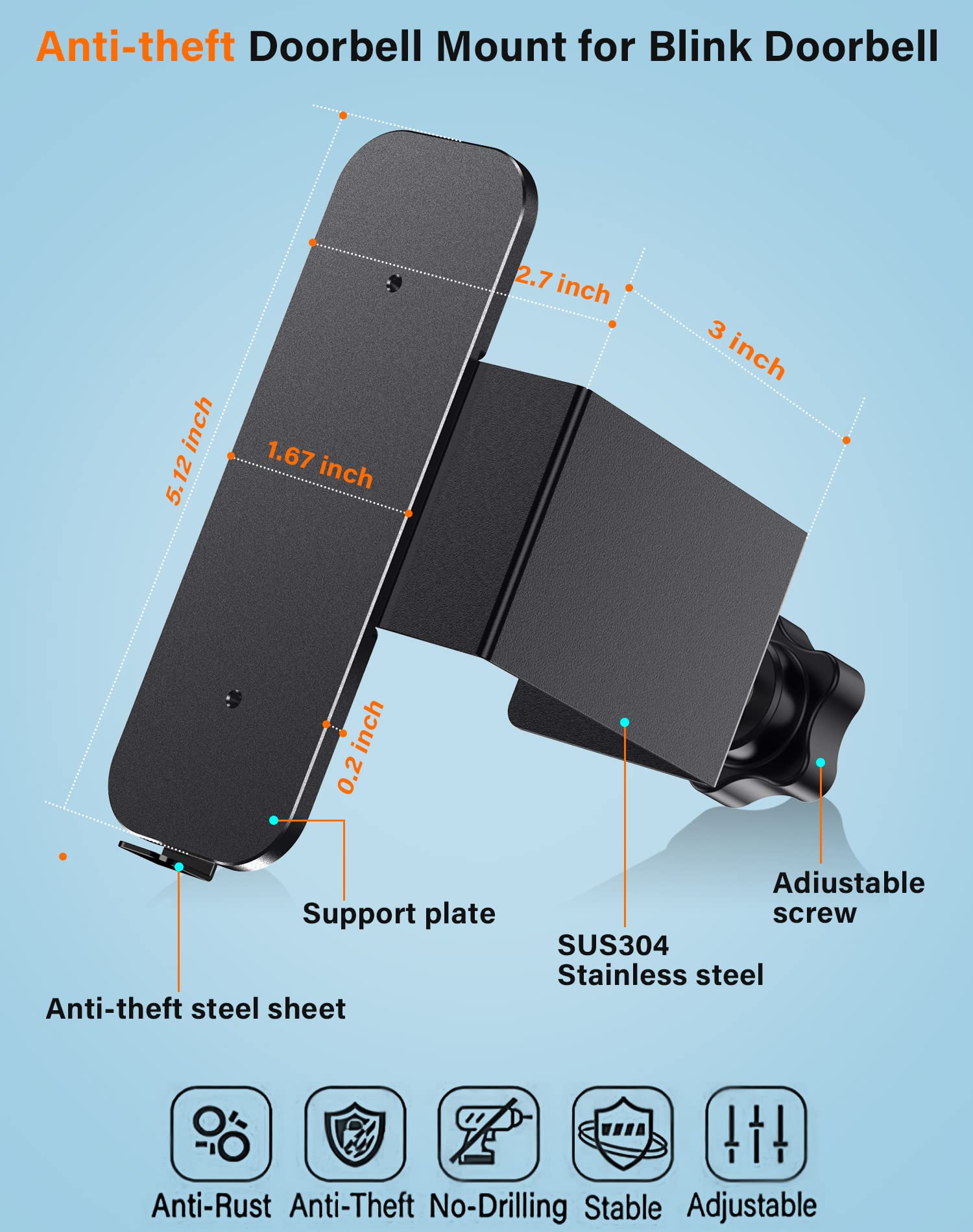 Anti-Theft Blink Video Doorbell Door Mount, No Drilling High Quality Stainless & Aluminum Video Camera Doorbell Mount for Apartment Renters Home Office Room（Camera is not included)