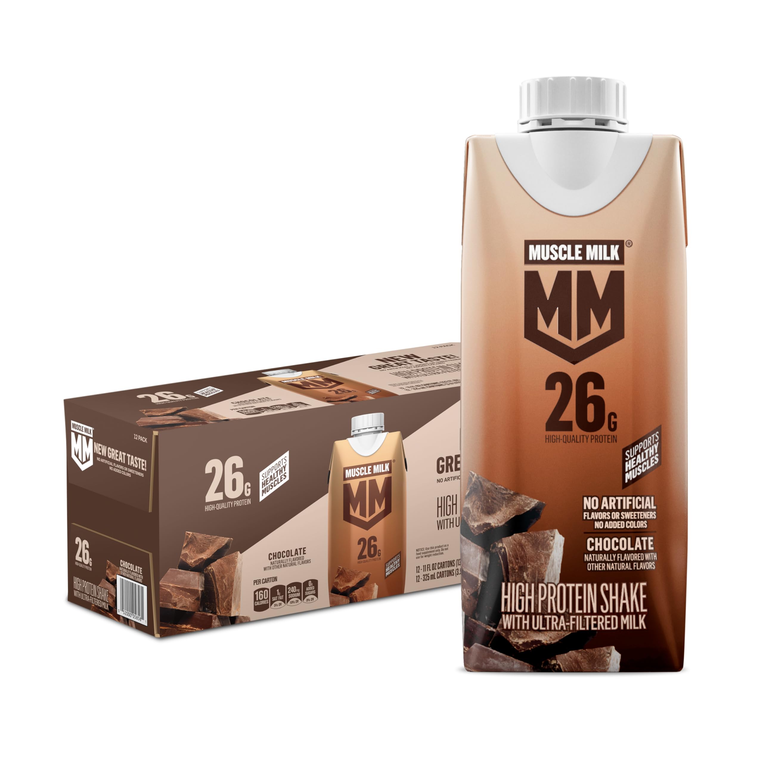 Muscle Milk High Protein Shake, Vanilla Creme, 11 fl oz Cartons (12 Pack) Ultra Filtered Milk, 26g High Quality Protein Shake, 3g Sugar, 160 Calories, No Artificial Flavors, No Artificial Sweeteners, No Added Colors