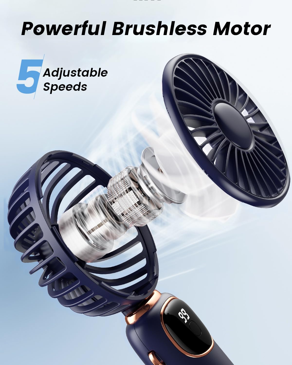 coldSky Portable Handheld Fan, 4000mAh Battery Operated with LED Display, Handheld/Neck/Desk 3 in 1 Personal Small Fan, 90° Foldable Desk Fan with Base, 5 Speed Lash Makeup Fan for Women