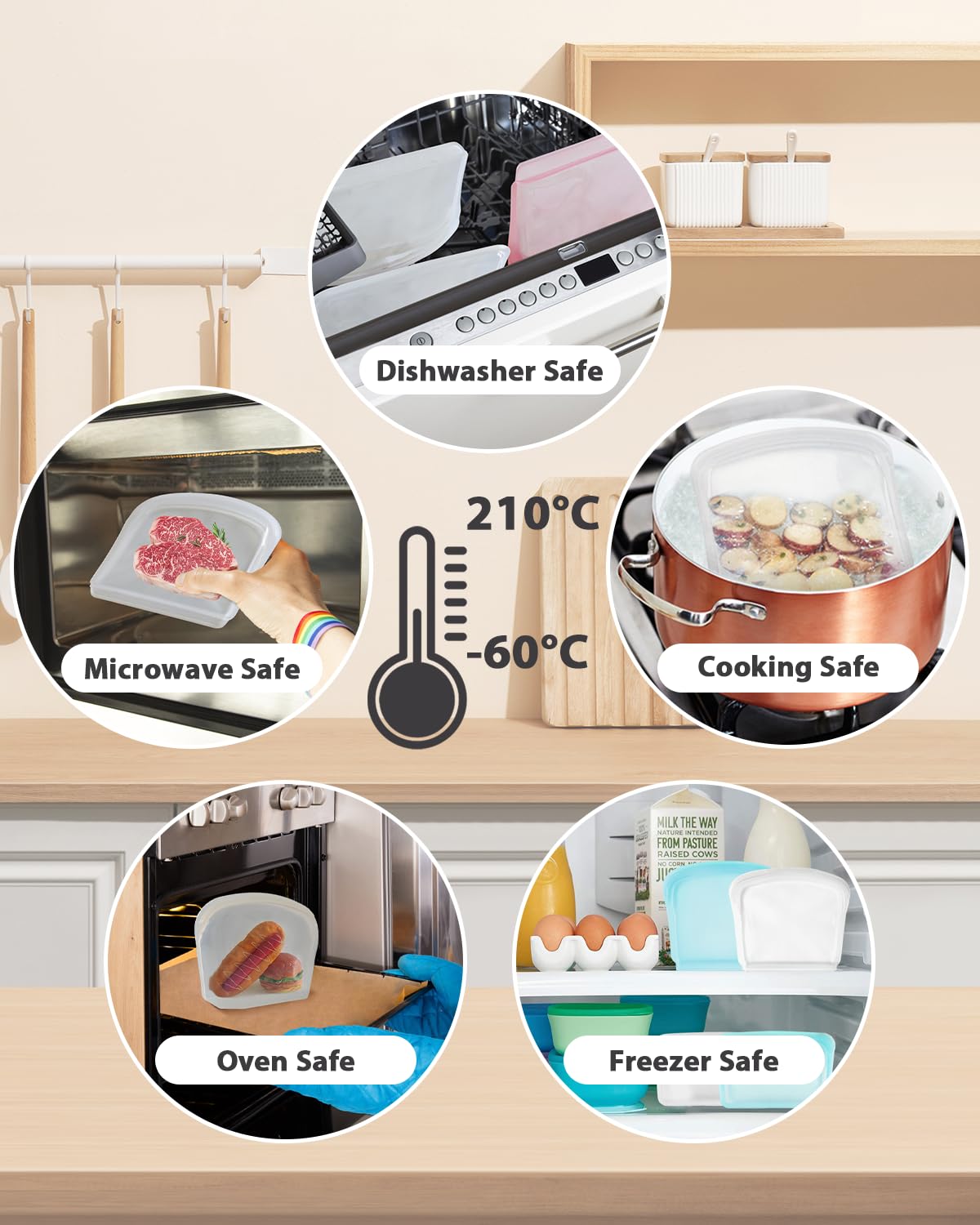 Reusable Silicone Storage Bag, 8Pack Pocket, Snack, and Sandwich Bag, Endurables Seal-Top Silicone Bags for Food Storage, Freezer, Microwave, Oven, Dishwasher Safe (Clear & Peach)