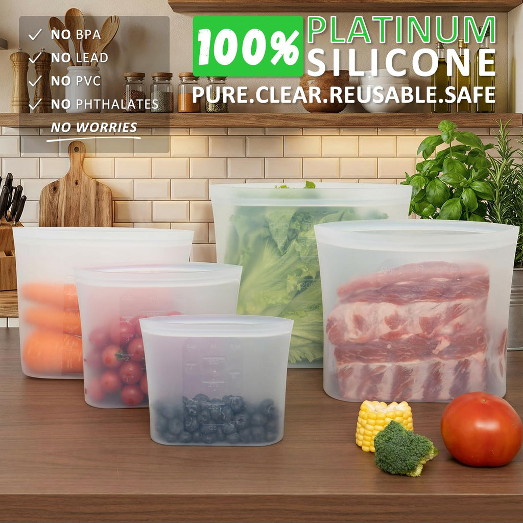 100% Platinum Silicone Reusable Storage Bags, 12 Pack, Premium Silicone Food Storage Bag Stand-Up Wide-Mouth Zip-Lock, Freezer Microwave Oven Dishwasher Safe, 4 M + 4 S + 4 XS, Crystal-Clear