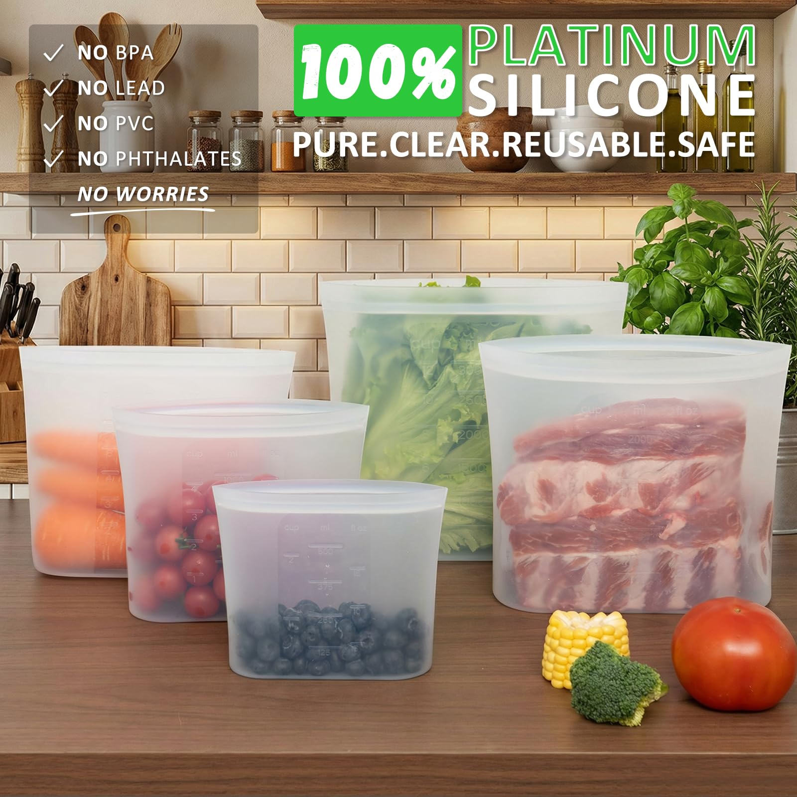 100% Platinum Silicone Reusable Storage Bags, 12 Pack, Premium Silicone Food Storage Bag Stand-Up Wide-Mouth Zip-Lock, Freezer Microwave Oven Dishwasher Safe, 4 M + 4 S + 4 XS, Crystal-Clear