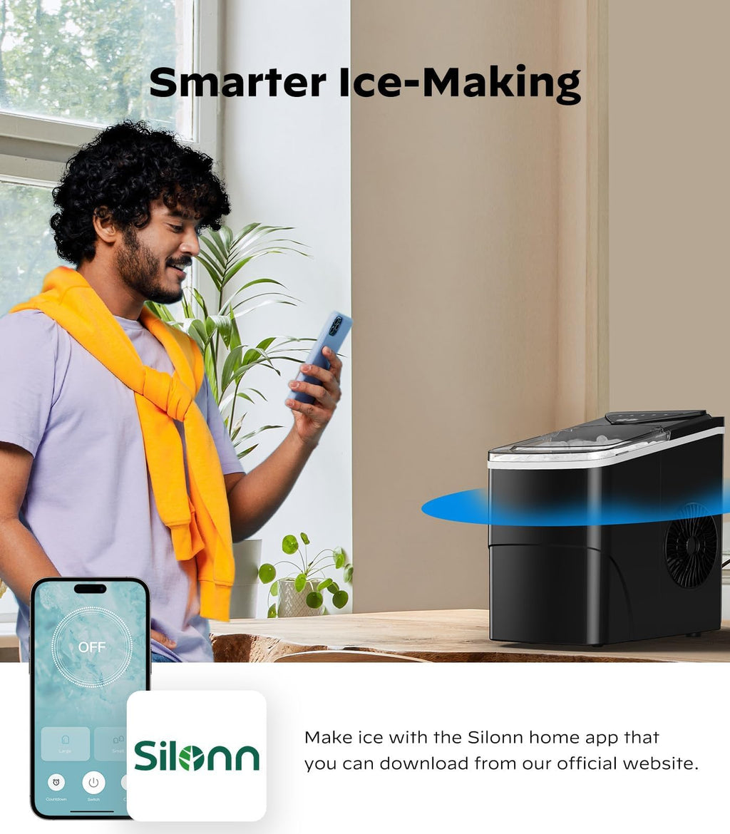 Silonn Countertop Ice Maker with 2.5L Expandable Ice Basket, 26.5lbs/24H, 9 Cubes in 6 Mins, 2 Ice Sizes, Self-Cleaning & LED Touch Control for Home Kitchen Office