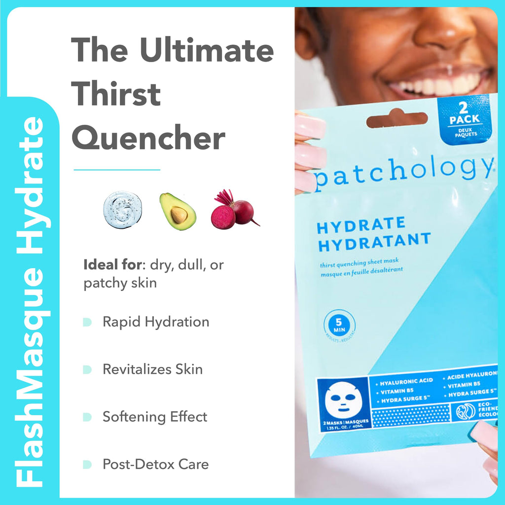 Patchology On The Fly Travel Facial Kit – Travel-Friendly Hydrating Skincare Essentials for Face, Eyes and Lips – Includes 2 Pair Under Eye Patches, 2 Hydrate Sheet Mask for Refreshed Skin,1 Lip Mask