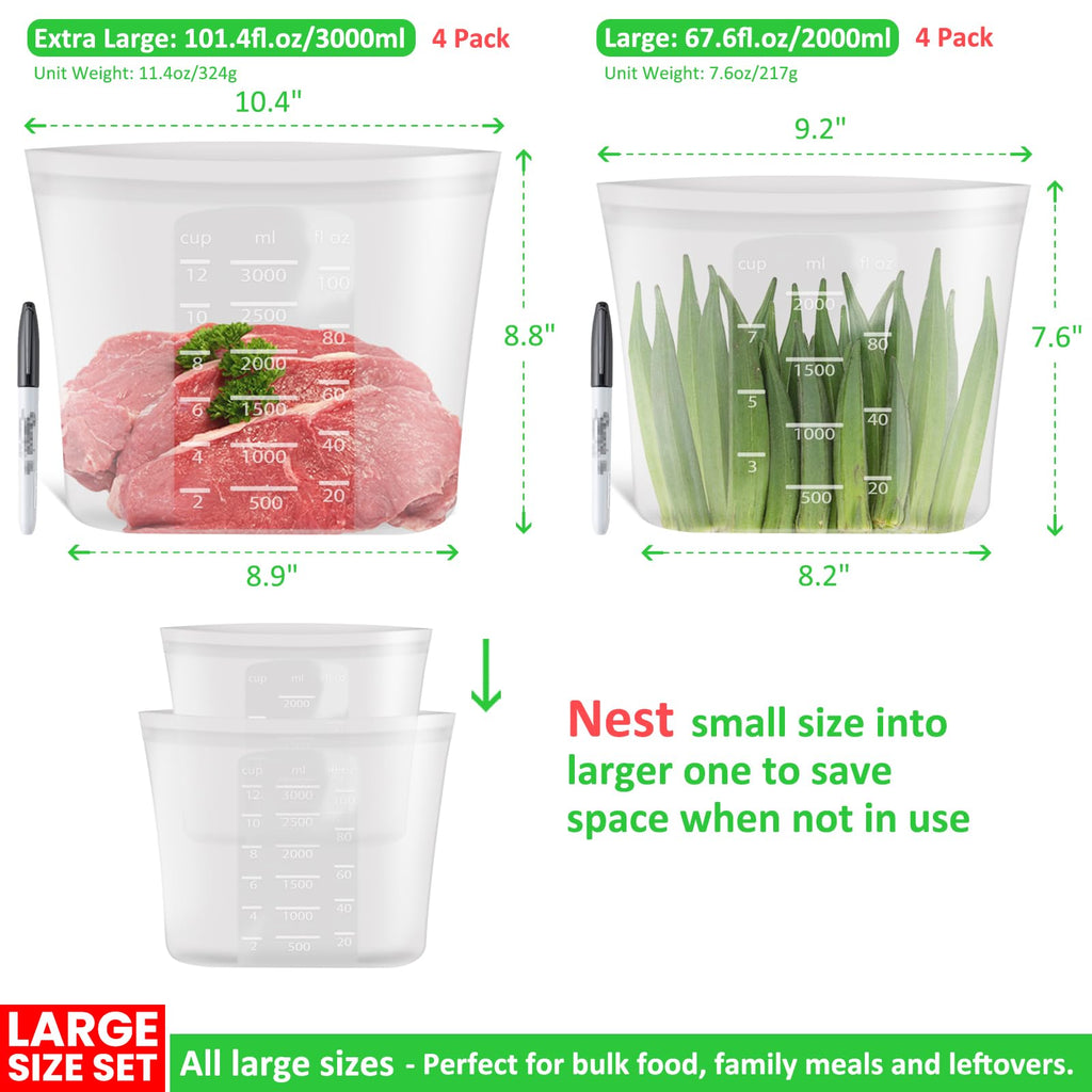 100% Platinum Silicone Reusable Storage Bags, 12 Pack, Premium Silicone Food Storage Bag Stand-Up Wide-Mouth Zip-Lock, Freezer Microwave Oven Dishwasher Safe, 4 M + 4 S + 4 XS, Crystal-Clear