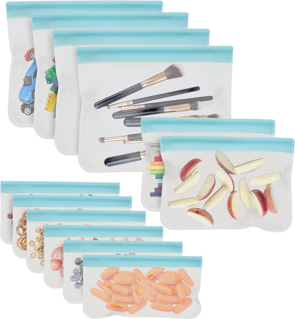 Cuisinart Reusable Food Storage Bags, 12 Pack Turquoise - Resealable Bags for Food, Leftovers, & Snacks to Store, Freeze or Refrigerate - BPA Free Flat Freezer Bags - Includes Small, Medium & Large