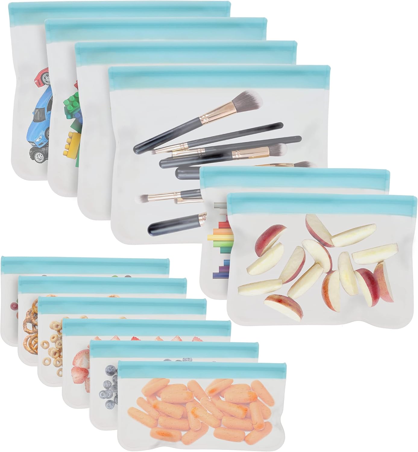 Cuisinart Reusable Food Storage Bags, 12 Pack Turquoise - Resealable Bags for Food, Leftovers, & Snacks to Store, Freeze or Refrigerate - BPA Free Flat Freezer Bags - Includes Small, Medium & Large