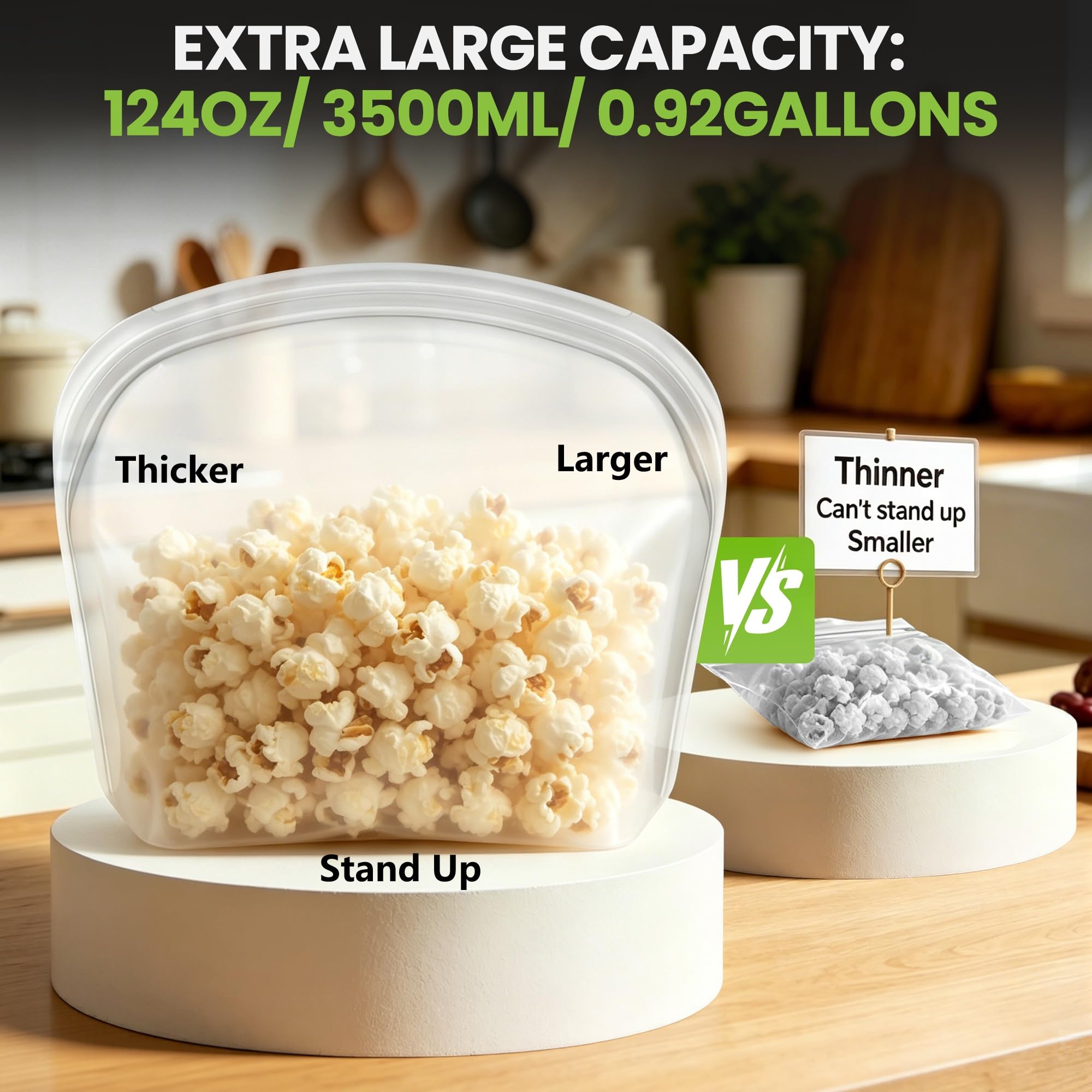 Reusable Silicone Food Storage Bag, Extra Large 124oz/3500ml Stand Up Sandwich Containers Leakproof for Oven, Microwave, Sous Vide & Freezer Bags for Meal Prep BBQ Camping Picnic Organization
