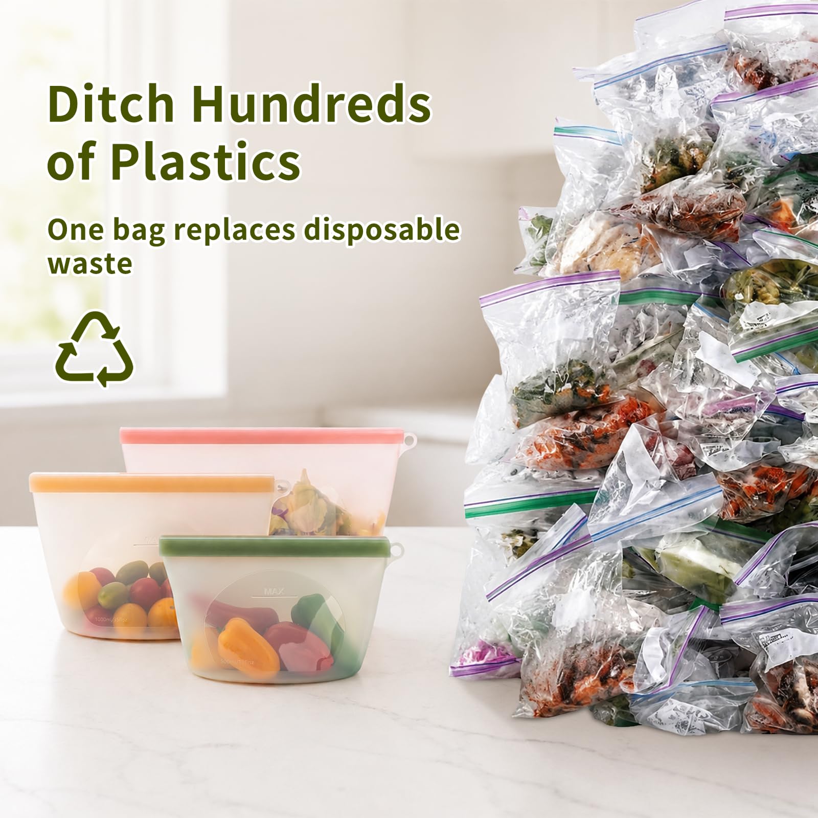 Extra Large Reusable Silicone Food Storage Bags 4 Pack, 0.8 Gallon/3000ml, 100% Silicone Stand-Up Wide-Open Zip-Lock Reusable Bags for Large Items, Microwave Freezer Oven Dishwasher Safe, Translucent