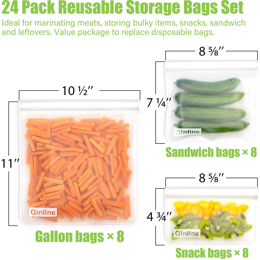 Qinline Reusable Food Storage Bags - 24 Pack Freezer Extra Thick Leakproof Lunch Bag - 8 Gallon 8 Sandwich 8 Snack Bags