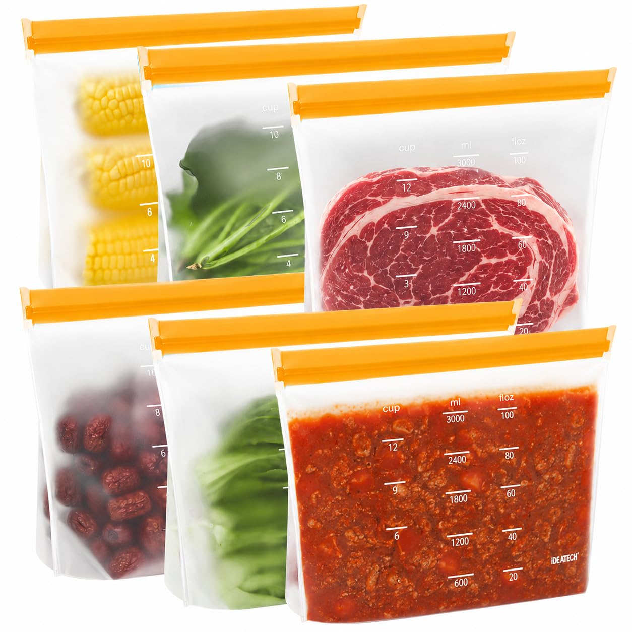 IDEATECH 24Pack Reusable Food Storage Bags, Reusable Freezer Bags | Leakproof, Dishwasher Safe, Stand-Up, BPA-Free Food Grade, 24Pack Assorted Set for Meal Prep, Freezer Storage & Family Use