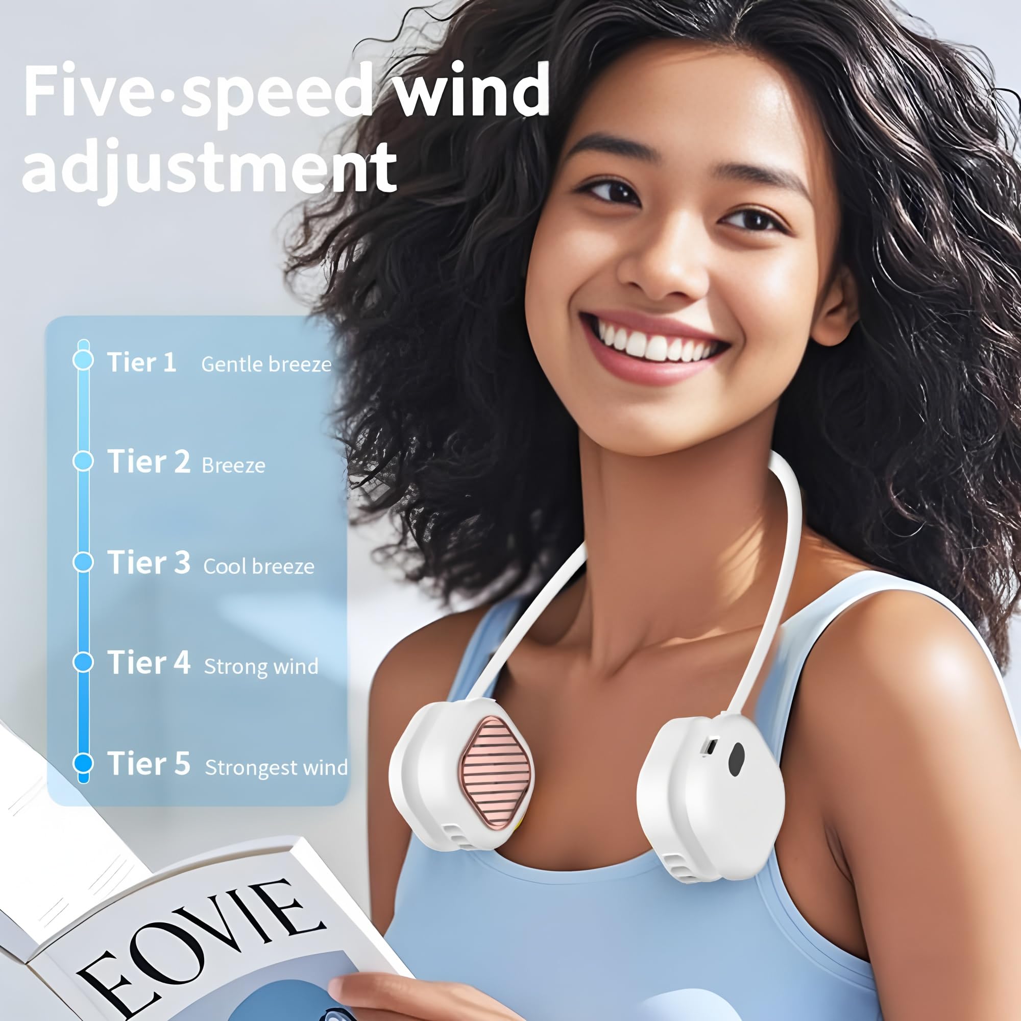 Portable Neck Fan, Hands Free Mini Personal Neck Fans for Women with 5 Speeds, Lightweight Small 5oz Wearable Cooling Fan, 360° Adjustable, Gift for Girl, Gym, Travel and Outdoor, White