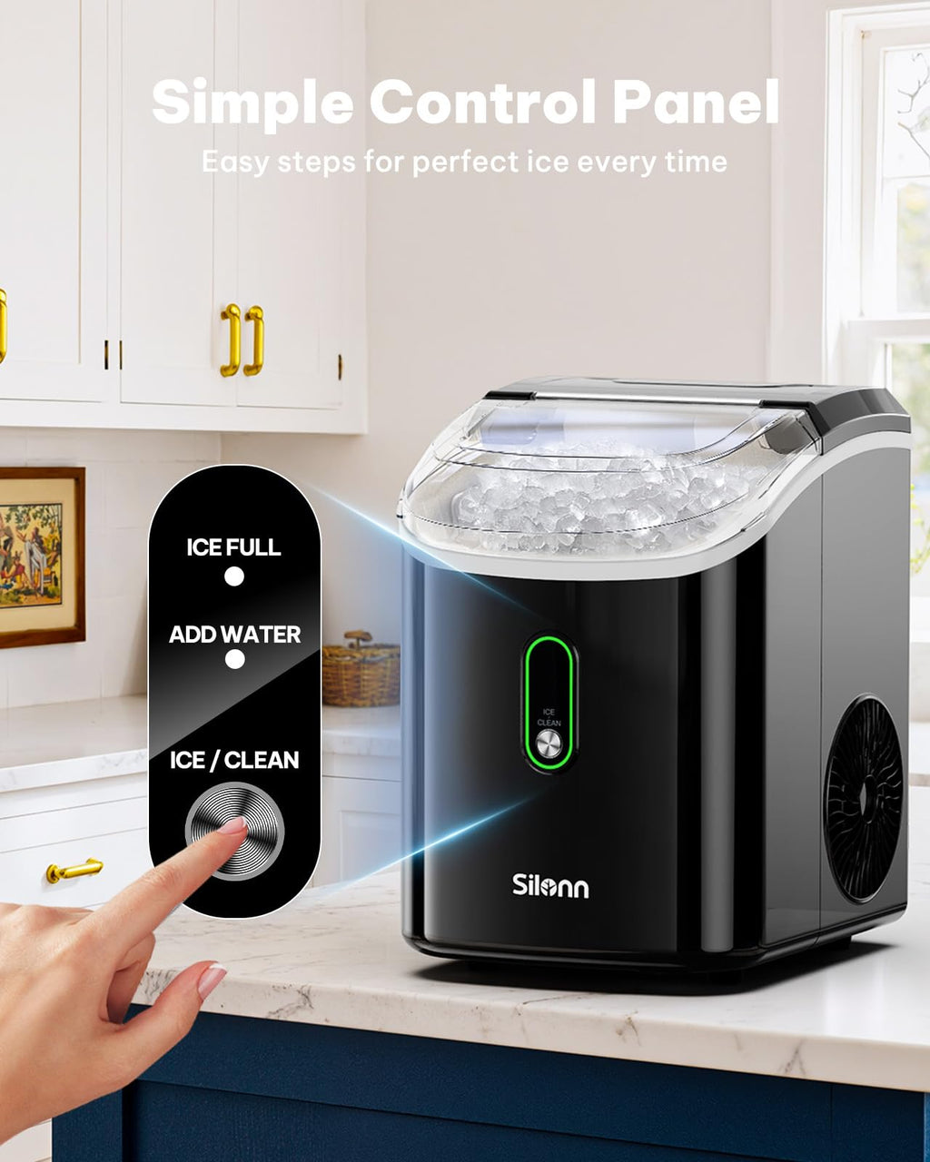 Nugget Ice Maker Countertop, Silonn Chewable Pellet Ice Machine with Self-Cleanin Function, 36lbs/24H Portable Ice Makers for Home Kitchen Officce, Black