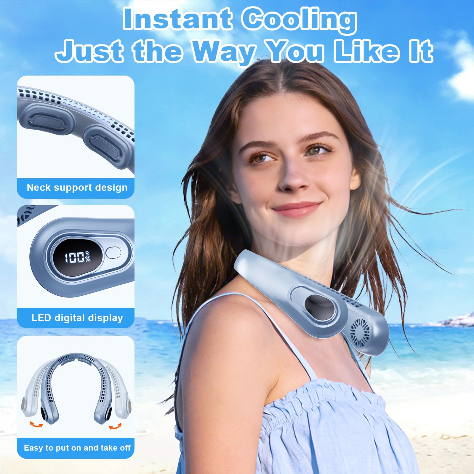 Portable Neck Fan Rechargeable - [with LED Display] 5 Speeds, 5000 mAh Battery Operated Wearable Personal Cooling Bladeless Fan for Outdoor Travel, Gifts for Men Women Kids,Gray
