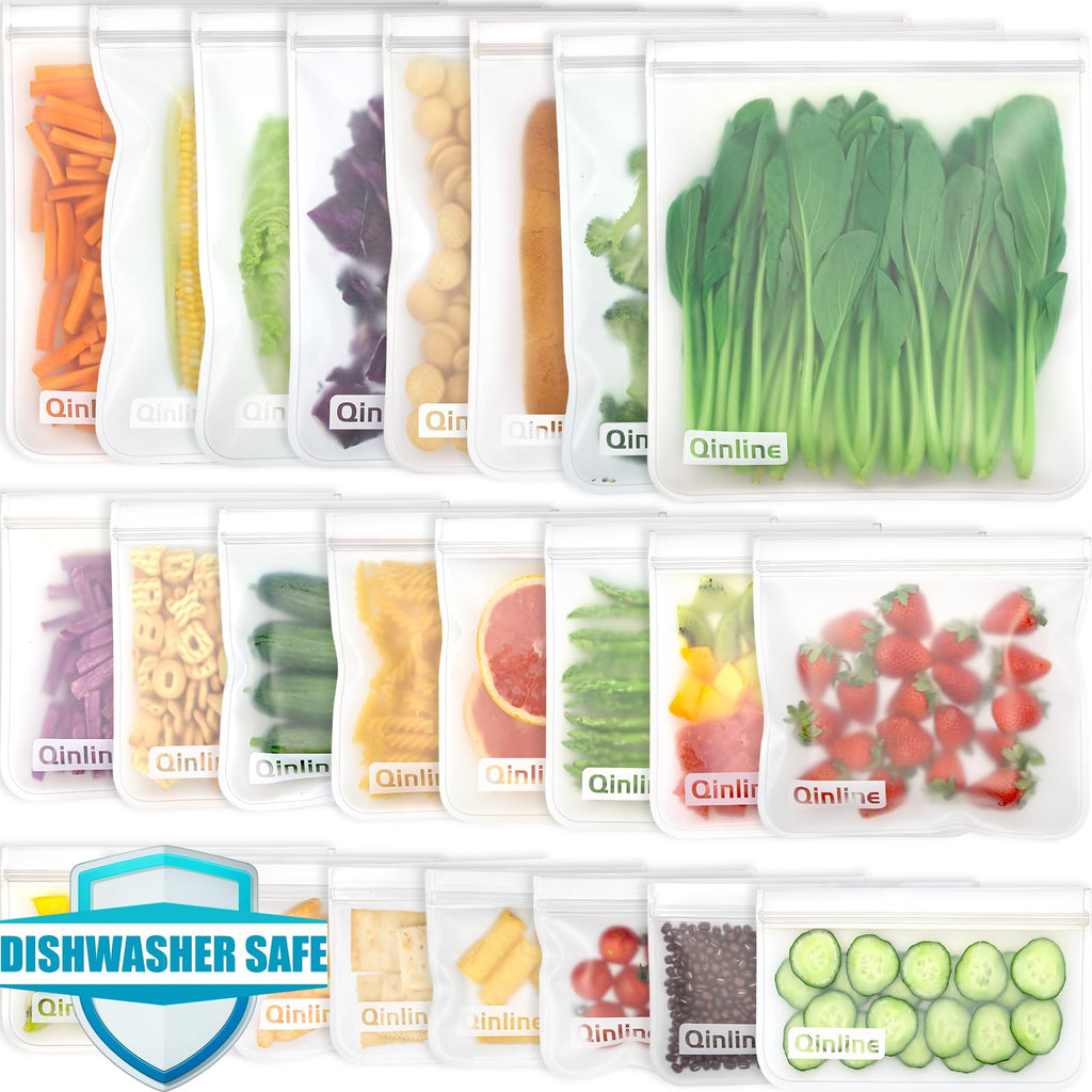 Qinline Reusable Food Storage Bags - 24 Pack Freezer Extra Thick Leakproof Lunch Bag - 8 Gallon 8 Sandwich 8 Snack Bags