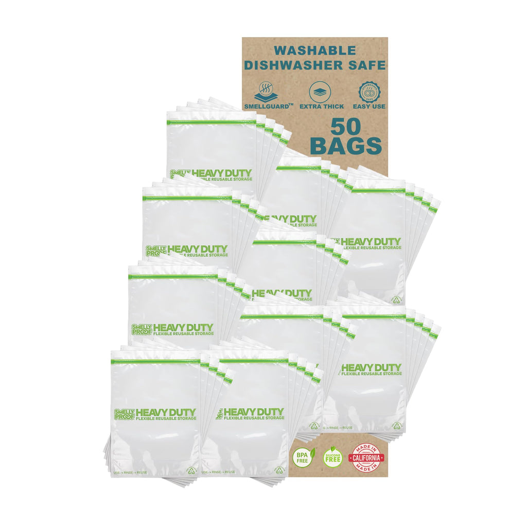 Smelly Proof HEAVY DUTY Reusable STAND-UP Bags for Food Storage, USA Made, NO PEVA & BPA FREE, Reusable Freezer Bags, Dishwasher-Safe, Triple Zip, CLEAR 5-mils XXL 2-Gallon 12" x 16" - 5pk