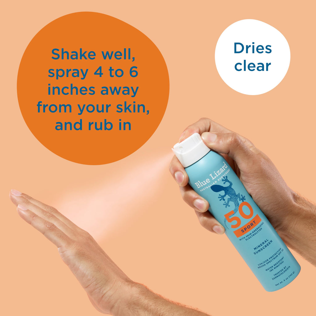 BLUE LIZARD Sport Mineral Sunscreen Spray SPF 50+, Dermatologist-Recommended Brand, Broad-Spectrum UVA/UVB Protection, Water-Resistant, Zinc Oxide Formula, Vegan, 5 fl oz