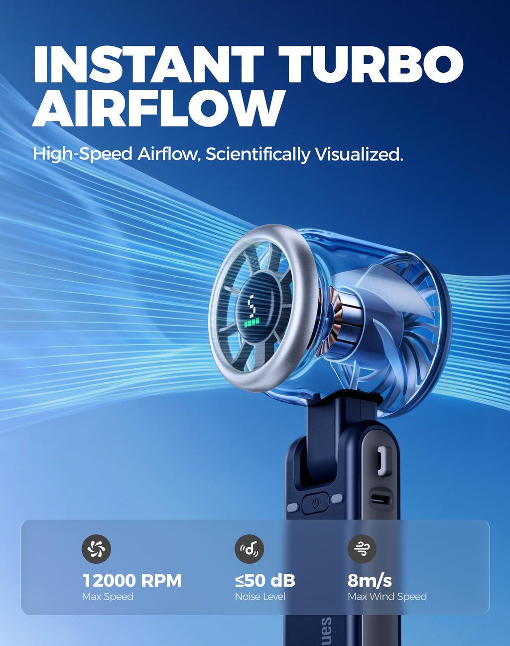 Diveblues Portable Handheld Turbo Fan | 3 IN 1 Hand/Neck/Desk Fan, Up to 12 Working Hours, 5 Gear Wind, Battery Operated, Travel, Working, Outdoor Activities