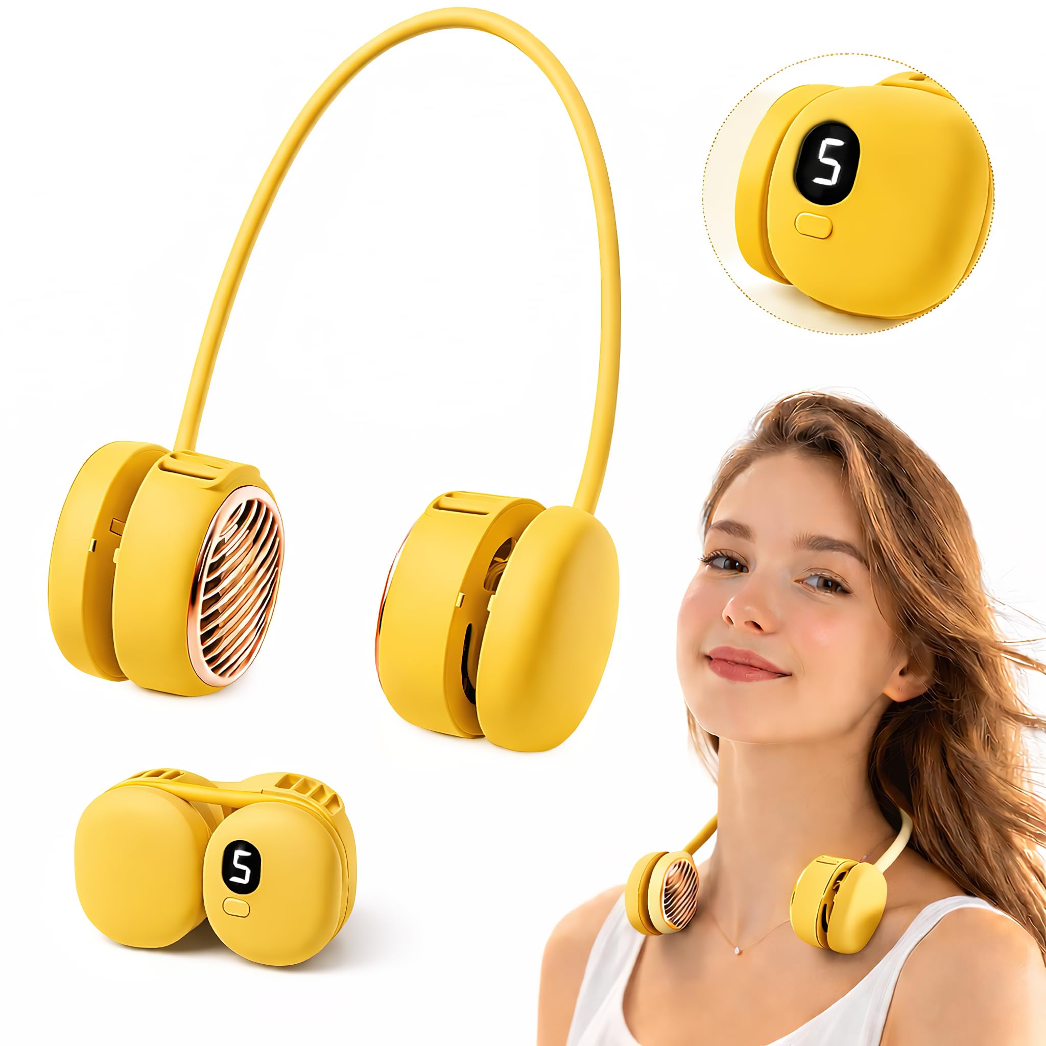 Portable Neck Fan, Hands Free Mini Personal Neck Fans for Women with 5 Speeds, Lightweight Small 5oz Wearable Cooling Fan, 360° Adjustable, Gift for Girl, Gym, Travel and Outdoor, White