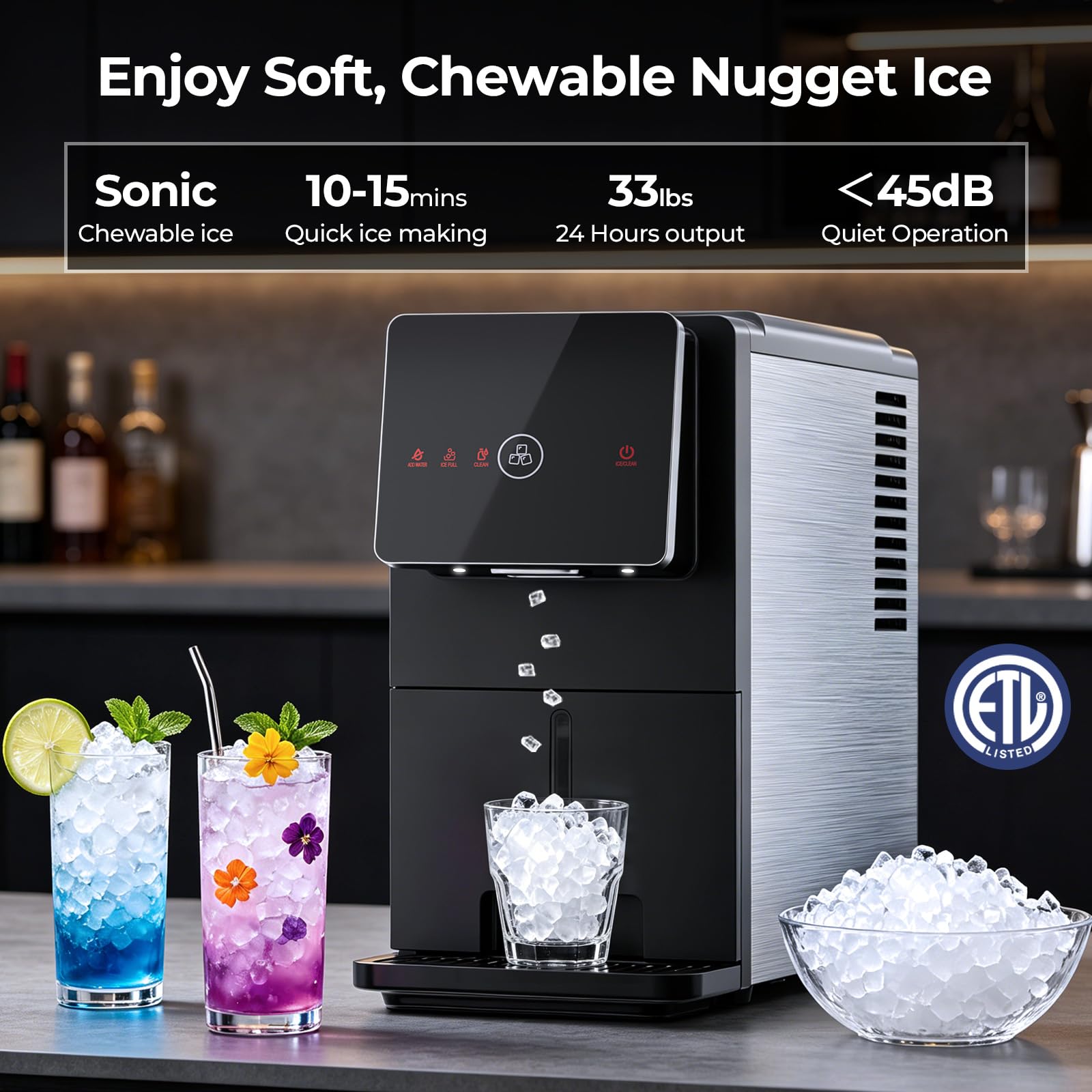 Antarctic Star Nugget Ice Maker Countertop, 33 lbs/24H, Automatic Ice Dispenser, Self-Cleaning Pebble Sonic Ice Machine, 1.8L Water Tank, One-Click & Motion Sensor Light, for Home/Office/Kitchen