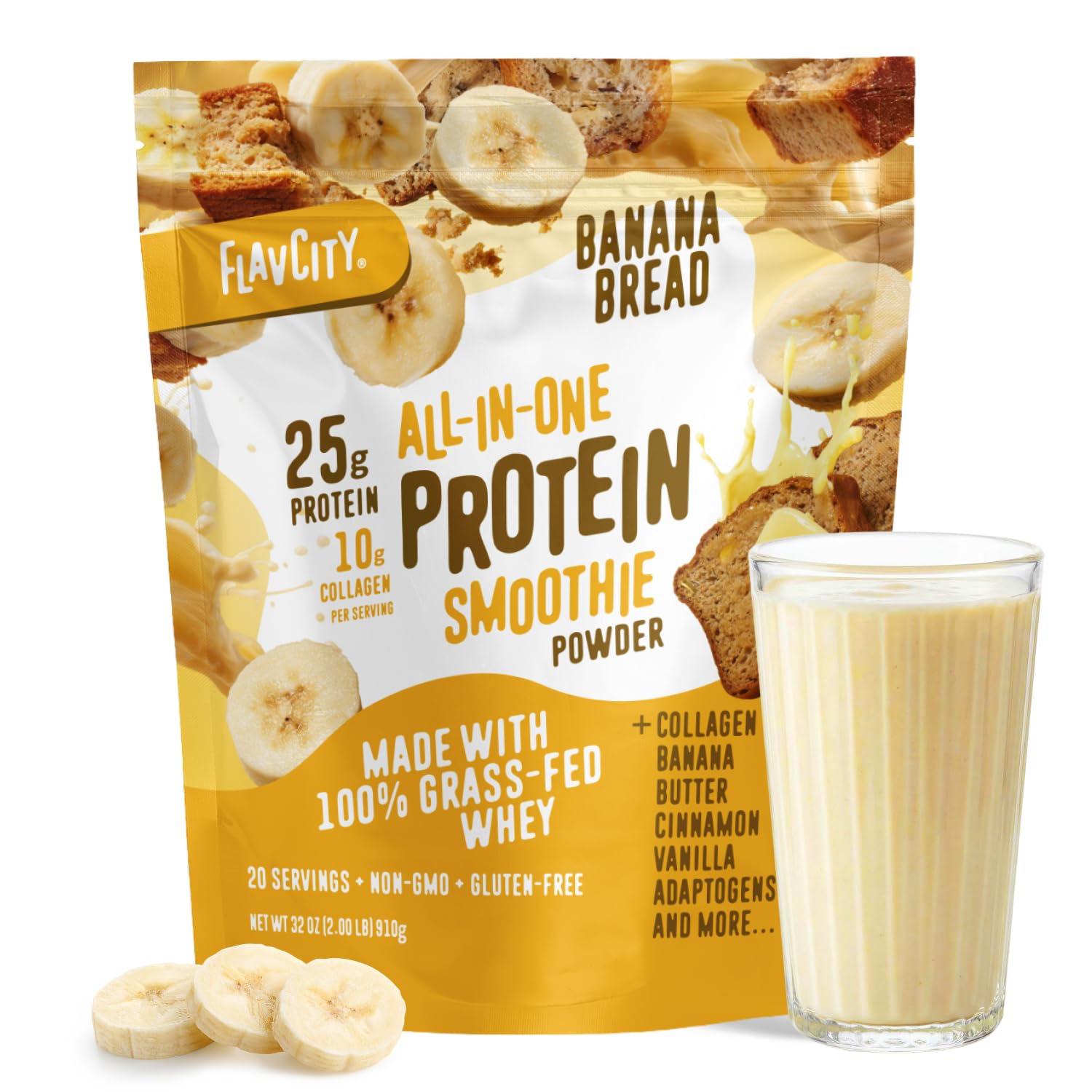 FlavCity All in One Protein Shake Powder, Pineapple Coconut - On the Go Meal Alternative + Collagen Peptides, Reishi & Cordyceps - Focus, Skin, Hair & Joint Support - 100% Grass Fed Whey, 20 Servings